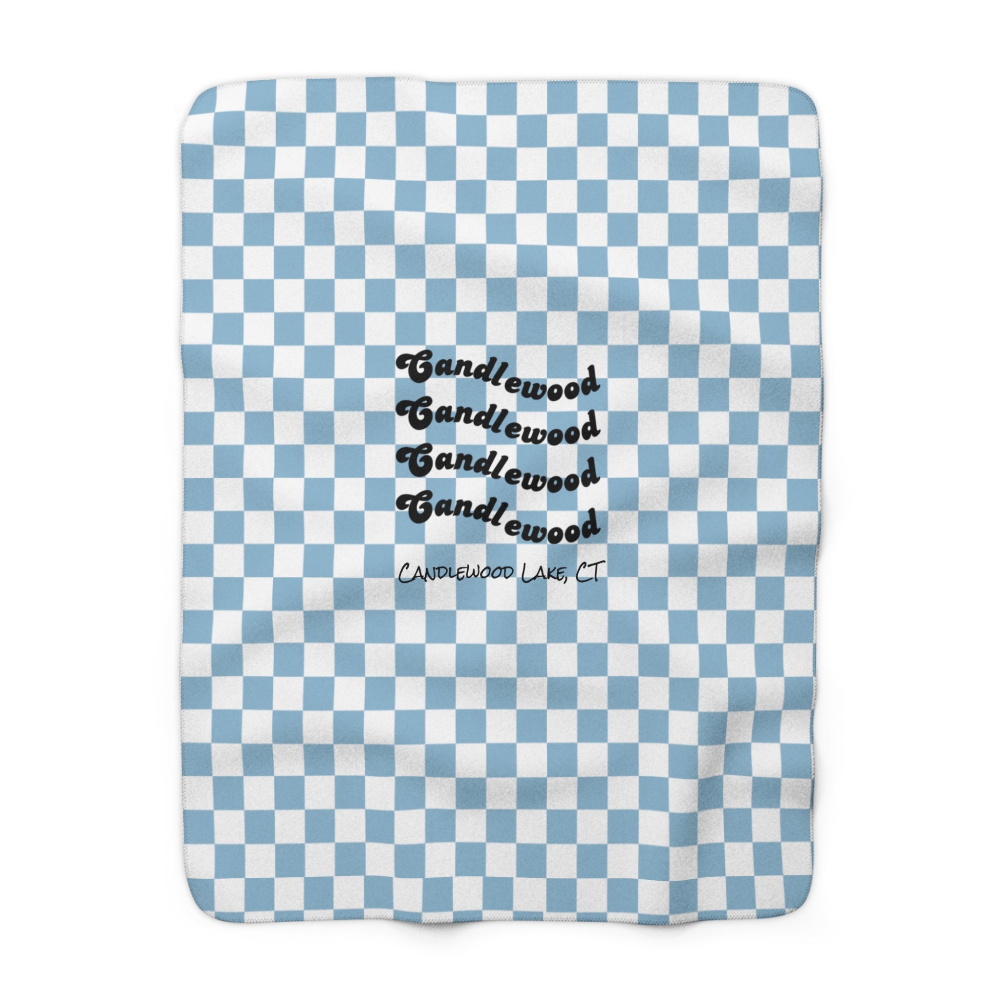 Cozy Lake House Sherpa Fleece Blanket- "Candlewood Lake, CT"-Blue Checkered- Soft Throw for Home, Perfect for Gift, Ocean Decor, Summer Vibes, Checkered Design