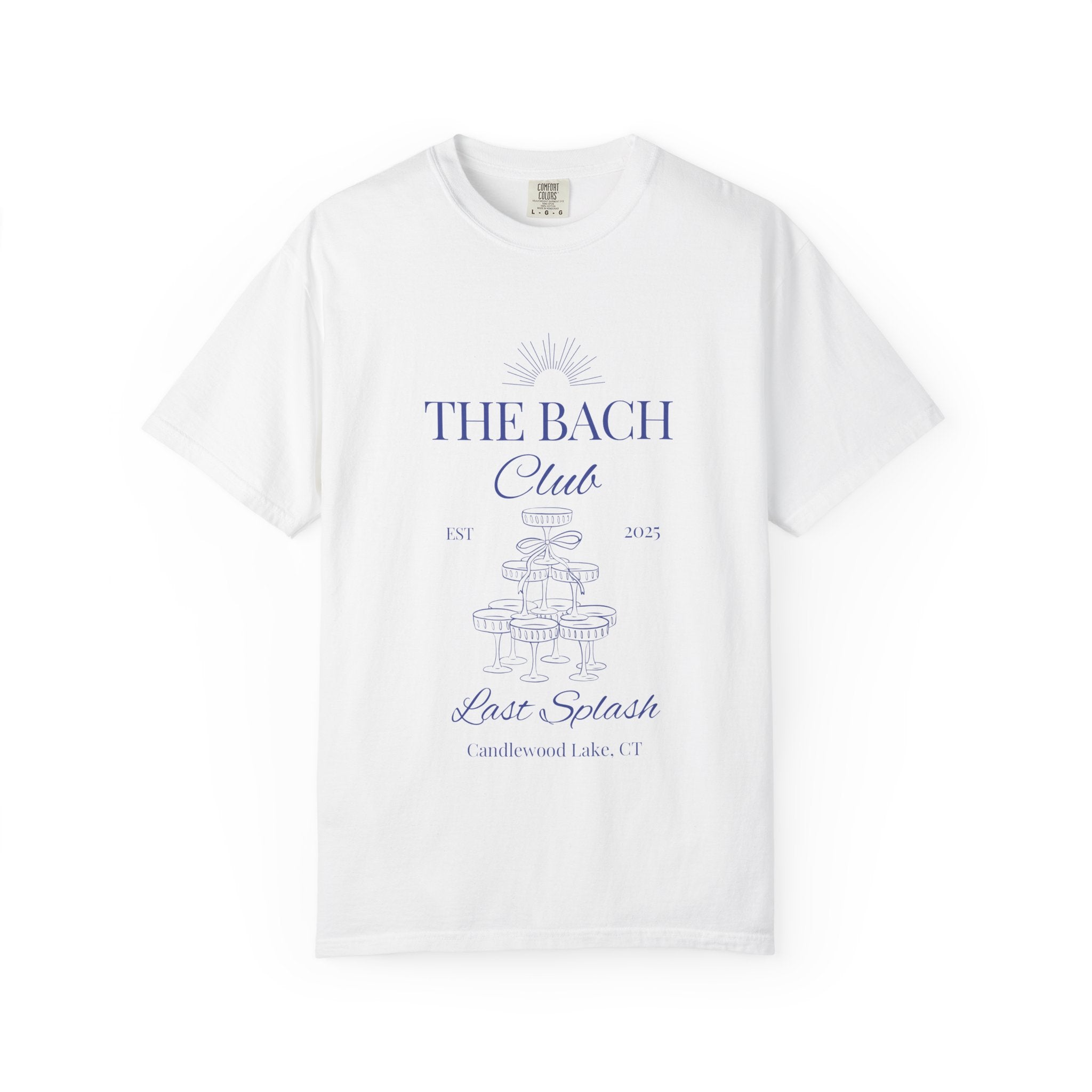 Matching "The Bach Club -Last Splash- Candlewood Lake" -T-Shirt in Blue Writing-Choose a Color- Perfect for Bachelorette and Wedding Parties- Unisex Vacation Top, Sailor Humor Apparel