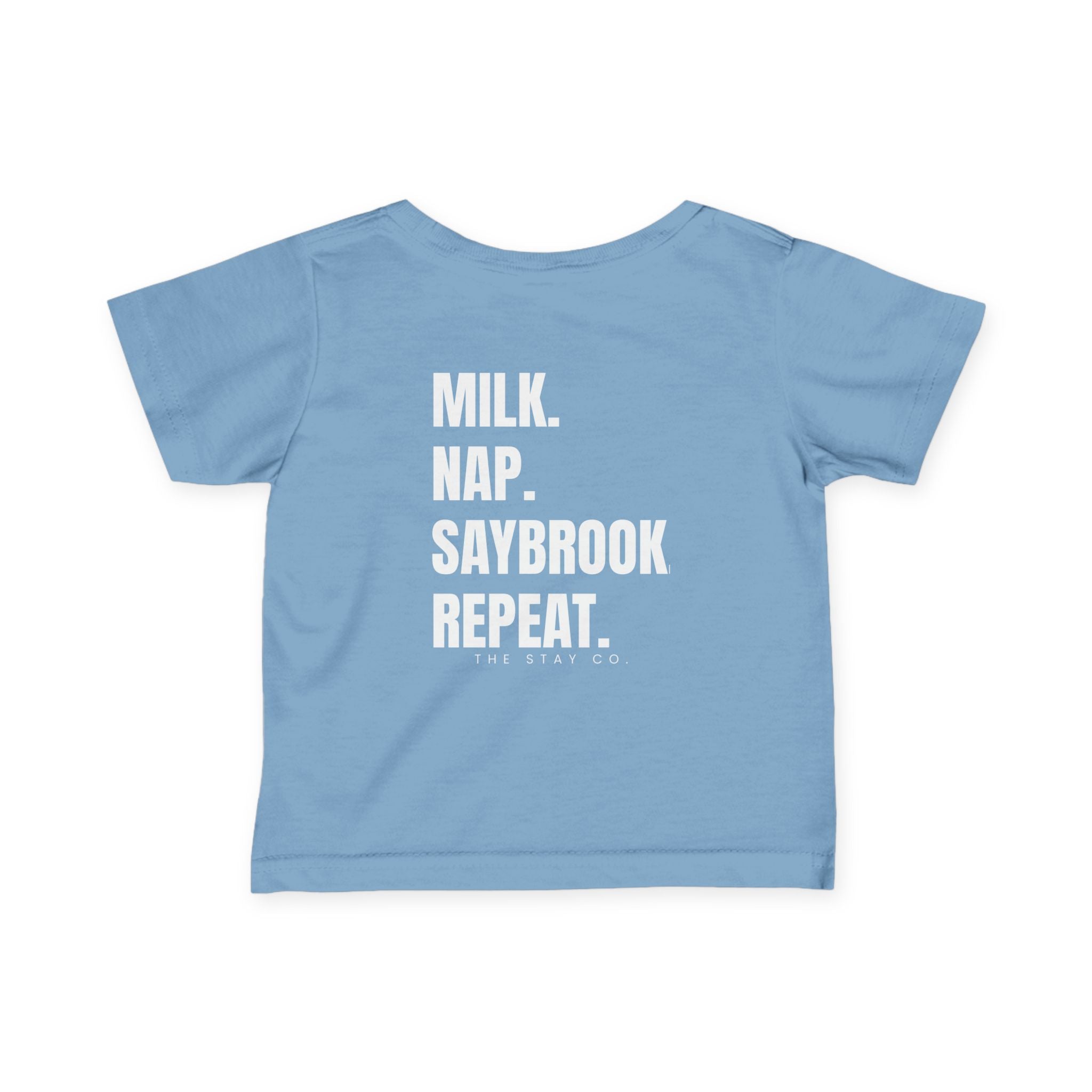 Infant (6M-24M)- Saybrook Manor Association Logo On Front  "MILK. NAP. SAYBROOK. REPEAT." (Back) in White Writing