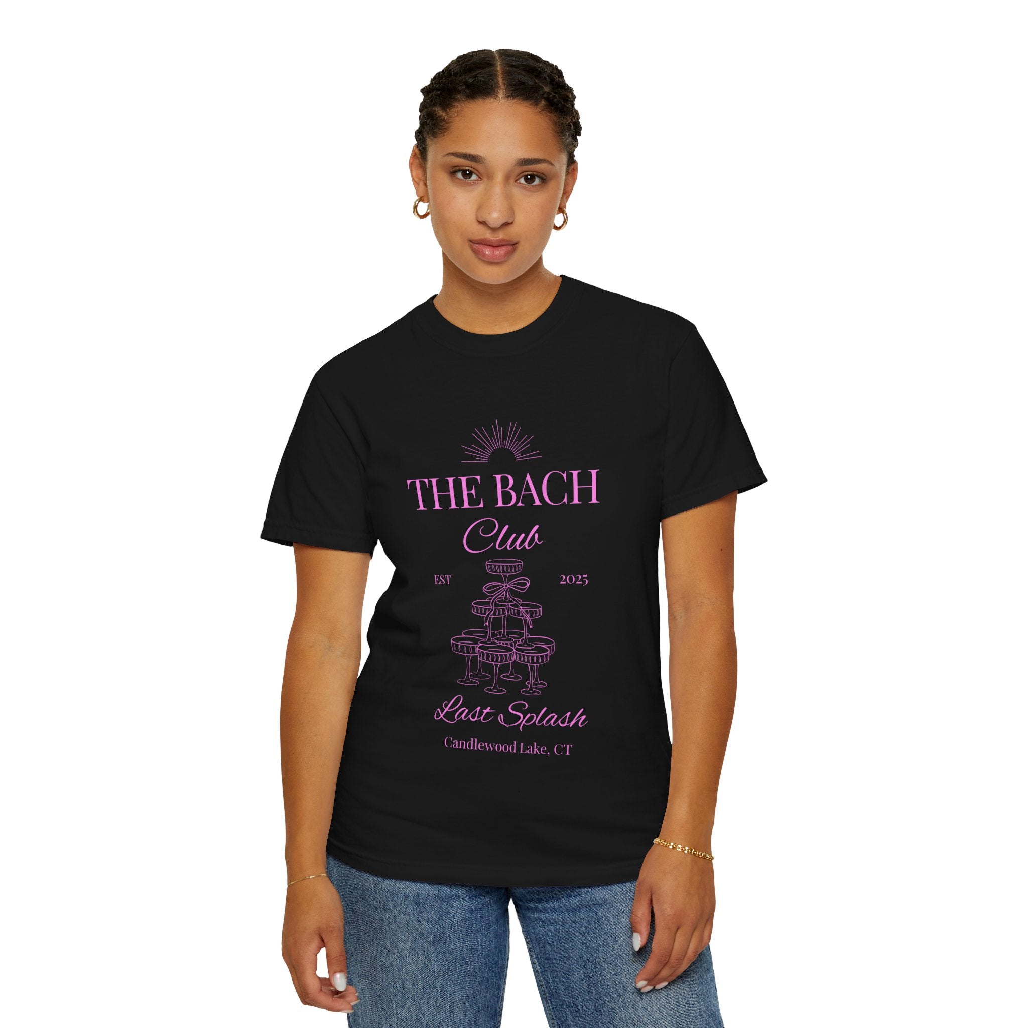 Matching "The Bach Club -Last Splash- Candlewood Lake" -T-Shirt in Pink Writing- Choose a Color- Perfect for Bachelorette and Wedding Parties- Unisex Vacation Top, Sailor Humor Apparel