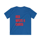 Kids Youth Tee "Red, White & Chaos" (Back) "'Merica) (Front) , Perfect for Birthday Gifts, 4th of July, Celebration Wear, Everyday Fun, Playtime Outfits