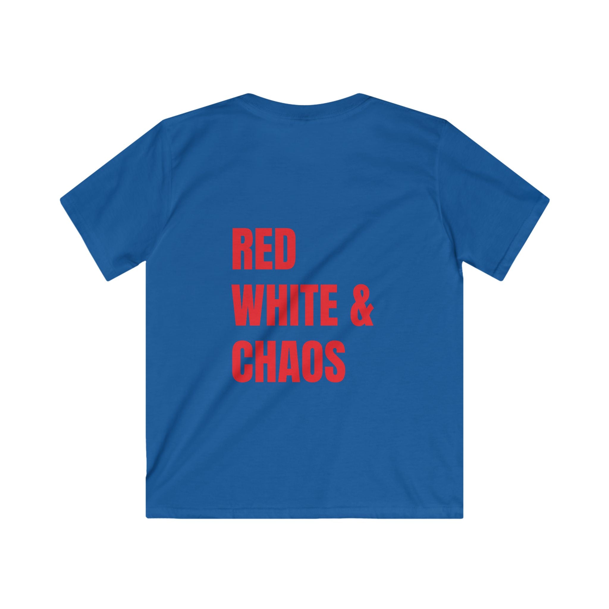 Kids Youth Tee "Red, White & Chaos" (Back) "'Merica) (Front) , Perfect for Birthday Gifts, 4th of July, Celebration Wear, Everyday Fun, Playtime Outfits