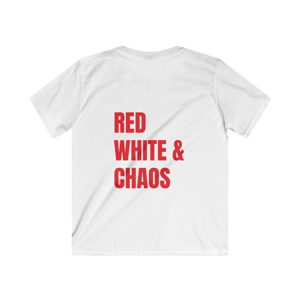 Kids Youth Tee "Red, White & Chaos" (Back) "'Merica) (Front) , Perfect for Birthday Gifts, 4th of July, Celebration Wear, Everyday Fun, Playtime Outfits