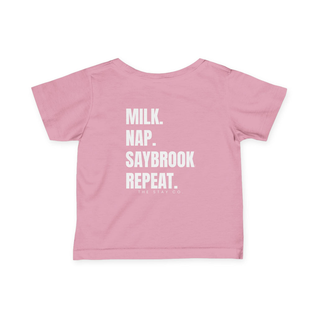 Infant (6M-24M)- Saybrook Manor Association Logo On Front  "MILK. NAP. SAYBROOK. REPEAT." (Back) in White Writing