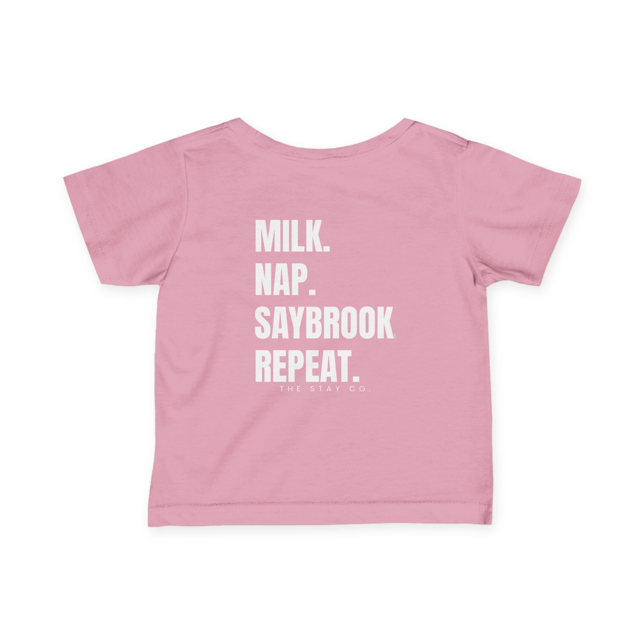 Infant (6M-24M)- Saybrook Manor Association Logo On Front  "MILK. NAP. SAYBROOK. REPEAT." (Back) in White Writing