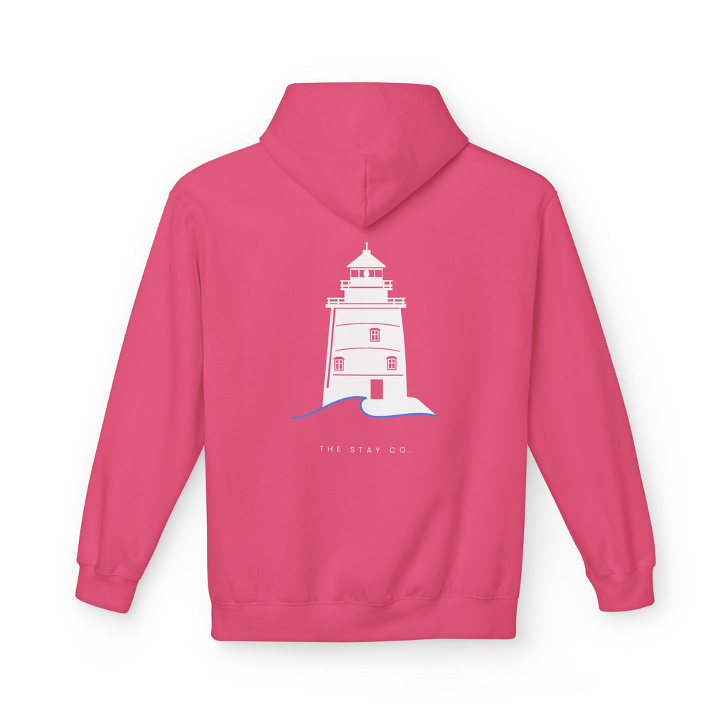 Adult- "Old Saybrook" (Front) Old Saybrook Light House (Back) - White Writing Hoodie