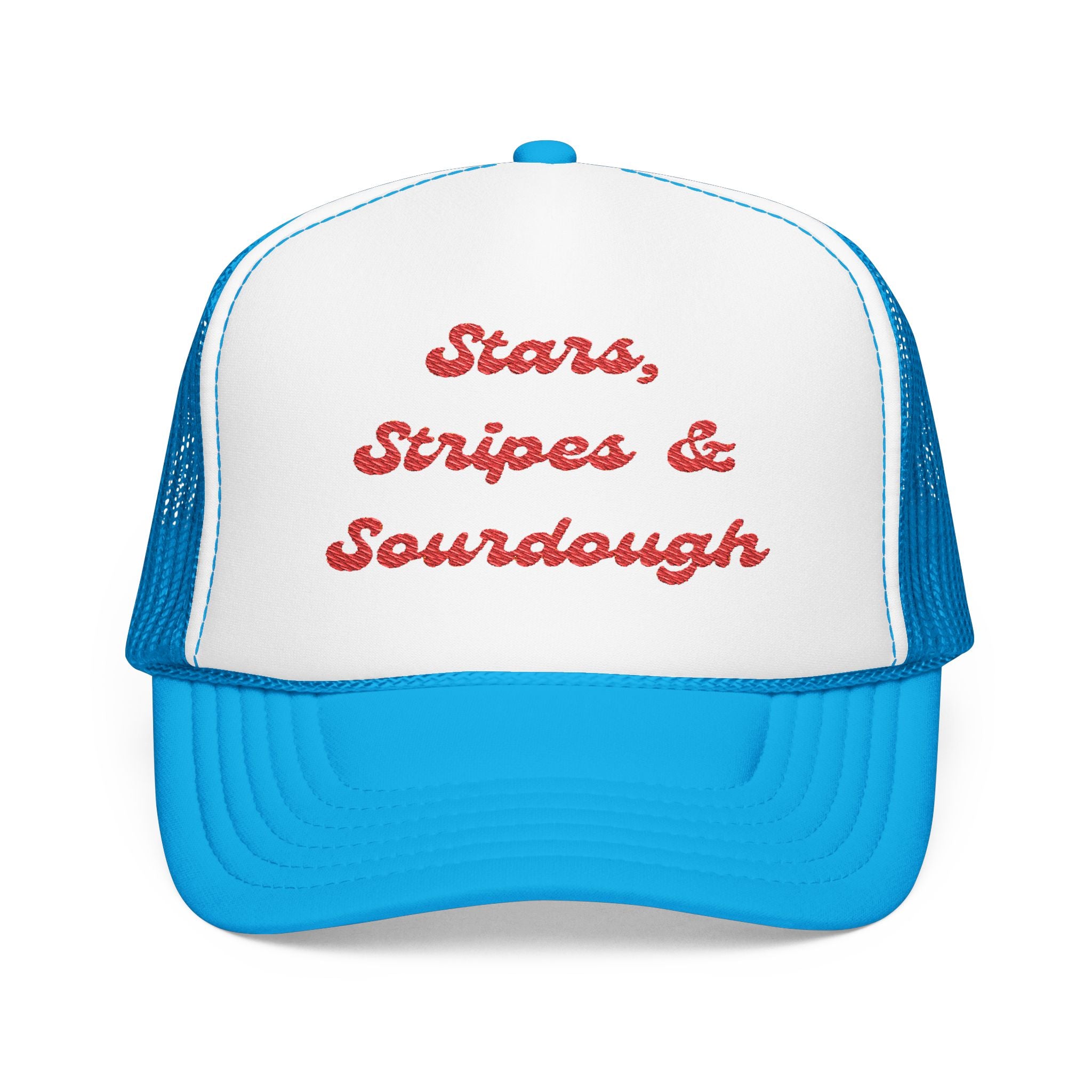 "Stars, Stripes & Sourdough"- Foam Trucker Hat, Embroidered Cap, BBQ Hat, Perfect Gift for Grilling Enthusiasts, Summer BBQ Accessory, Fun Party Hat