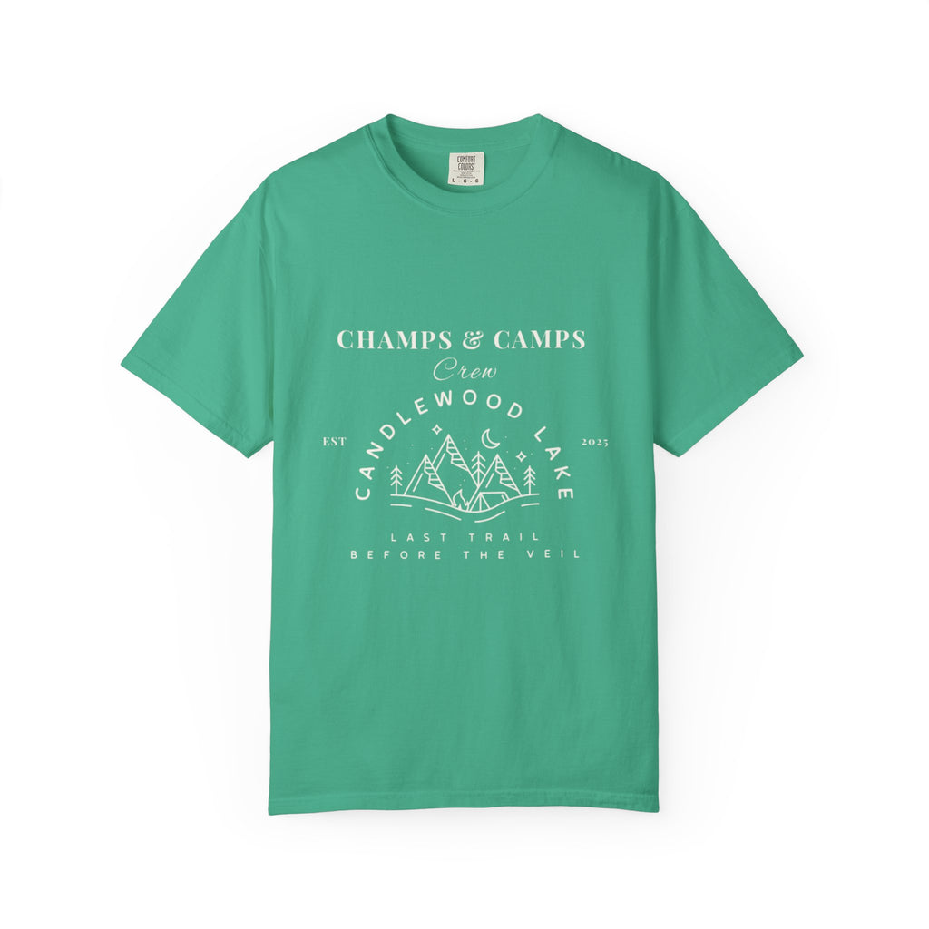 "Champs & Camps" -Camp Themed Bachelorette or Wedding Tee,  Bride Shirt, Last Trail Before The Veil, Bachelorette Party Gift, Summer Vacation Wear, [...]