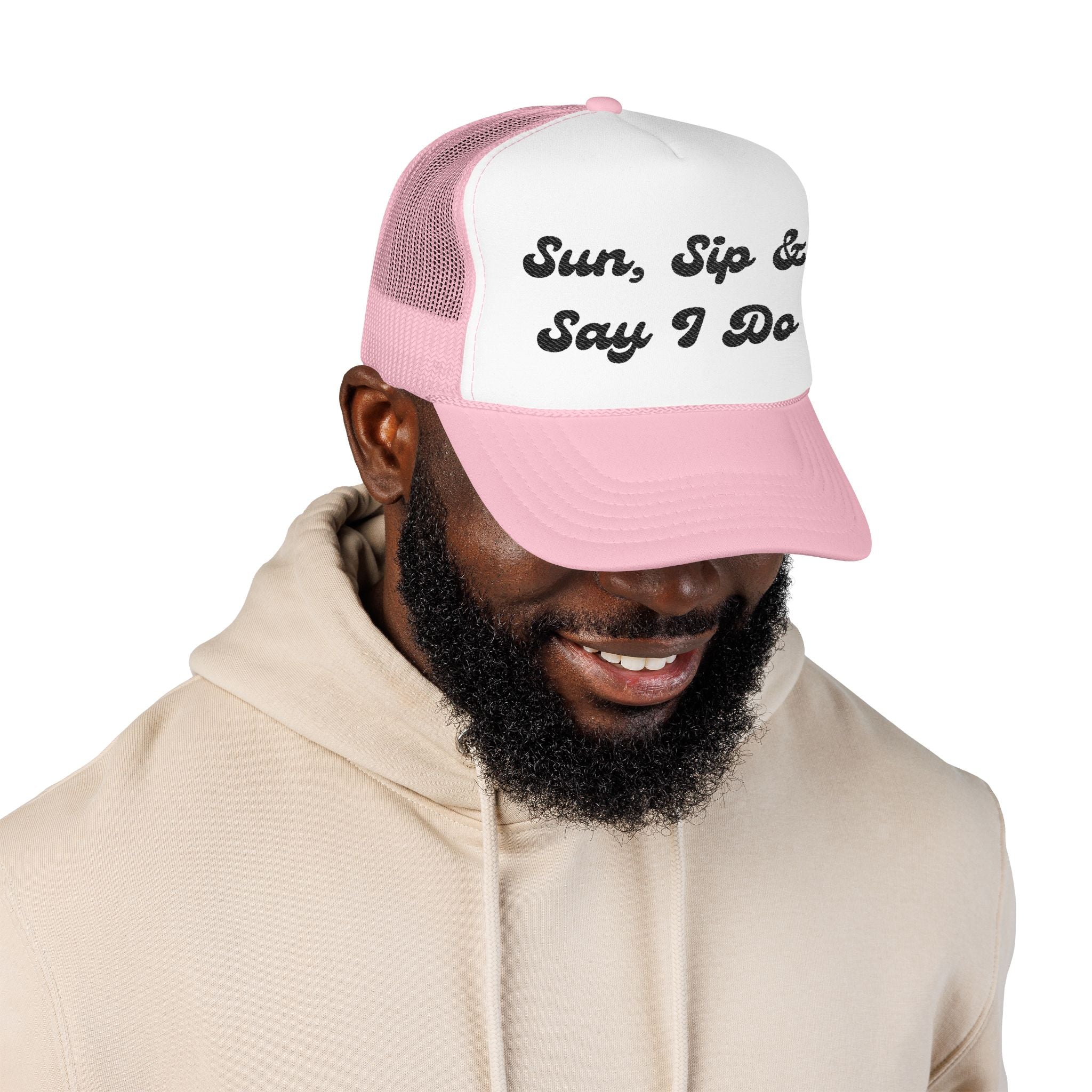 "Sun, Sip & Say I Do"- Foam Trucker Hat, Embroidered Cap, BBQ Hat, Perfect Gift for Grilling Enthusiasts, Summer BBQ Accessory, Fun Party Hat