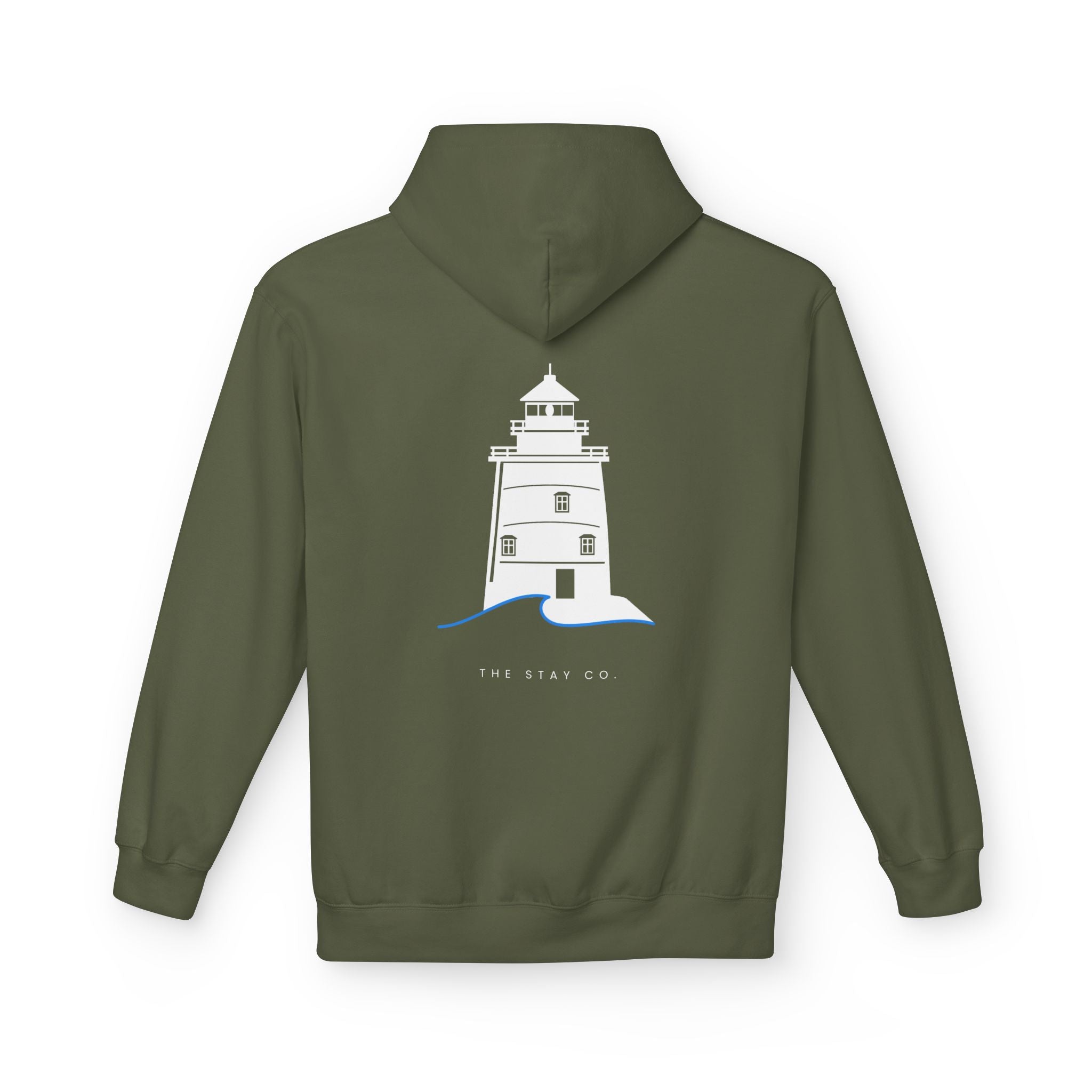 Adult- "Old Saybrook" (Front) Old Saybrook Light House (Back) - White Writing Hoodie