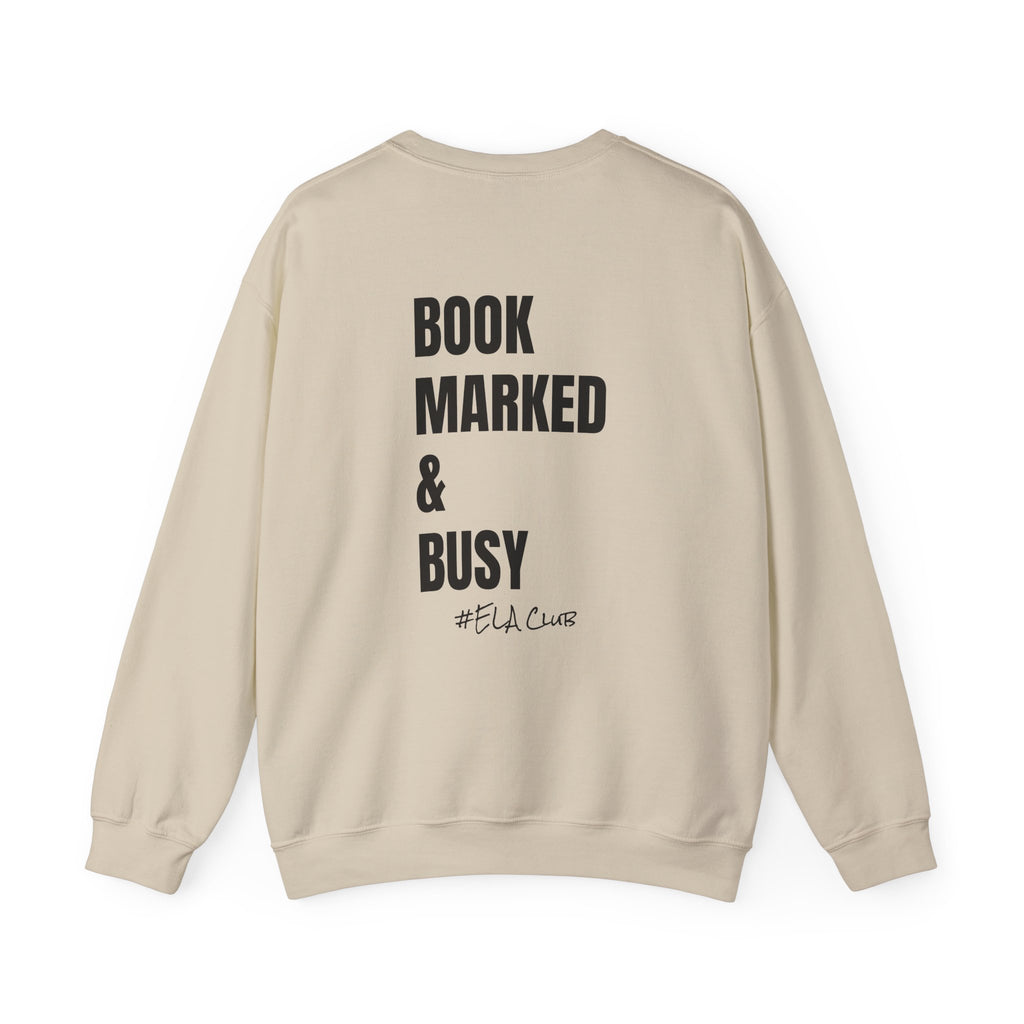 Adult-ELA Teacher Crew Neck " Grammer Guru" (Front)  "Bookmarked & Busy #ELA Club" (Back) -Crewneck Sweatshirt, Cozy Fall Apparel, Unisex Gift, Casual Style, September Vibes, Seasonal Fashion