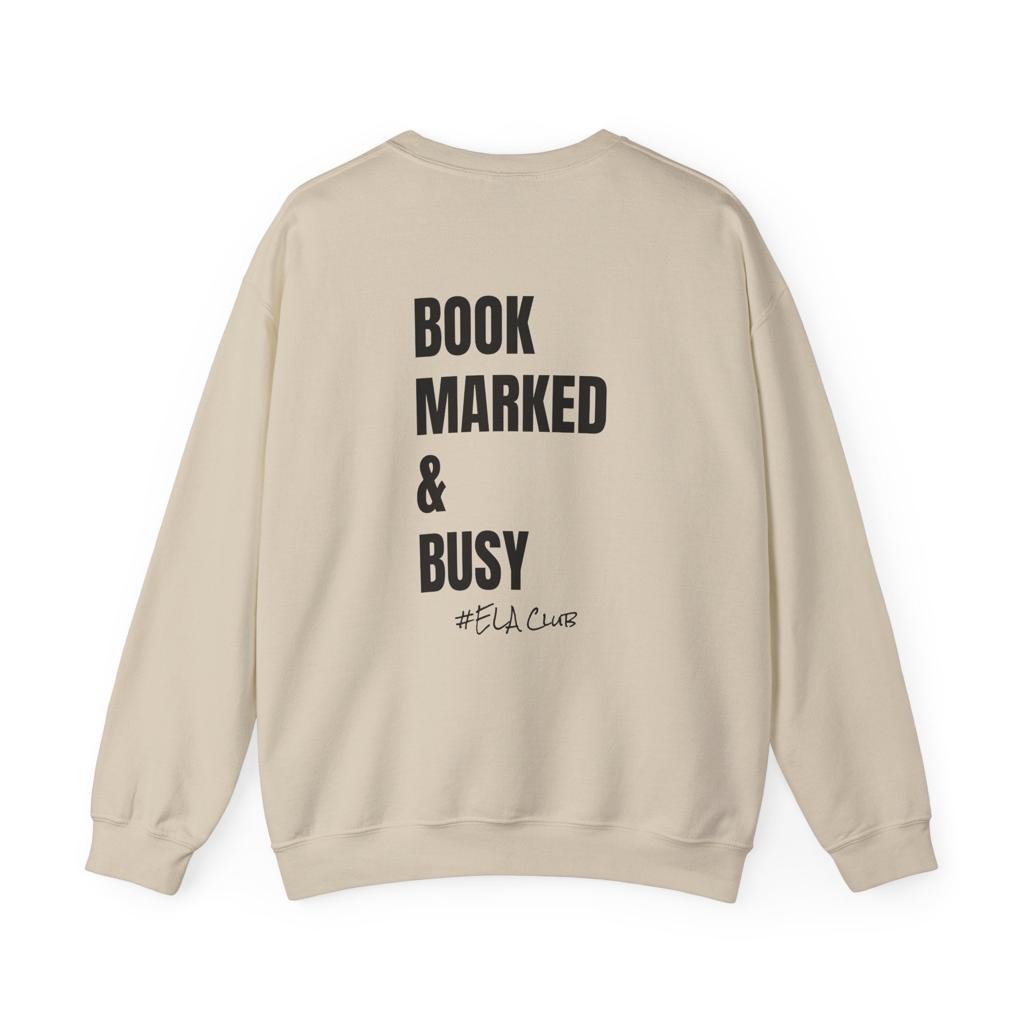 Adult-ELA Teacher Crew Neck " Grammer Guru" (Front)  "Bookmarked & Busy #ELA Club" (Back) -Crewneck Sweatshirt, Cozy Fall Apparel, Unisex Gift, Casual Style, September Vibes, Seasonal Fashion