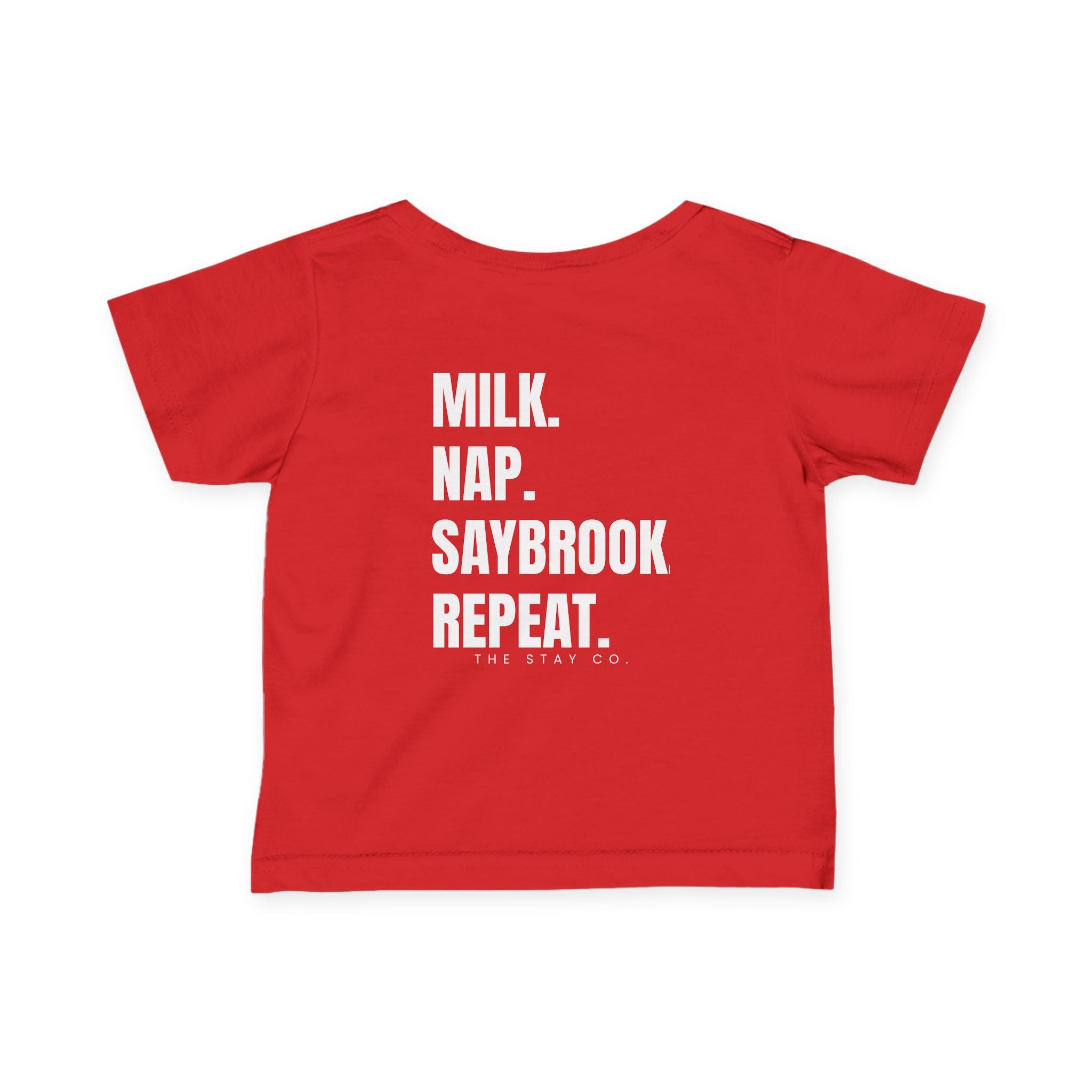 Infant (6M-24M)- Saybrook Manor Association Logo On Front  "MILK. NAP. SAYBROOK. REPEAT." (Back) in White Writing