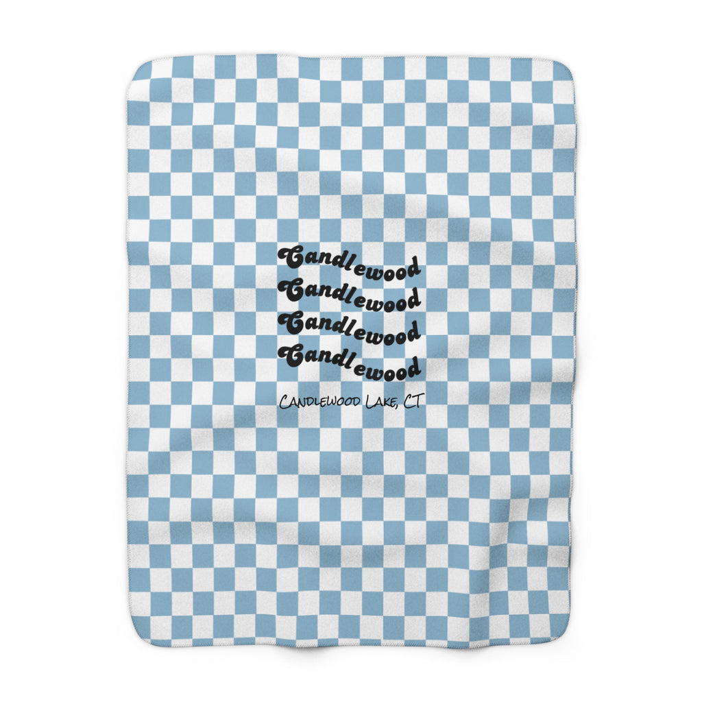 Cozy Lake House Sherpa Fleece Blanket- "Candlewood Lake, CT"-Blue Checkered- Soft Throw for Home, Perfect for Gift, Ocean Decor, Summer Vibes, Checkered Design