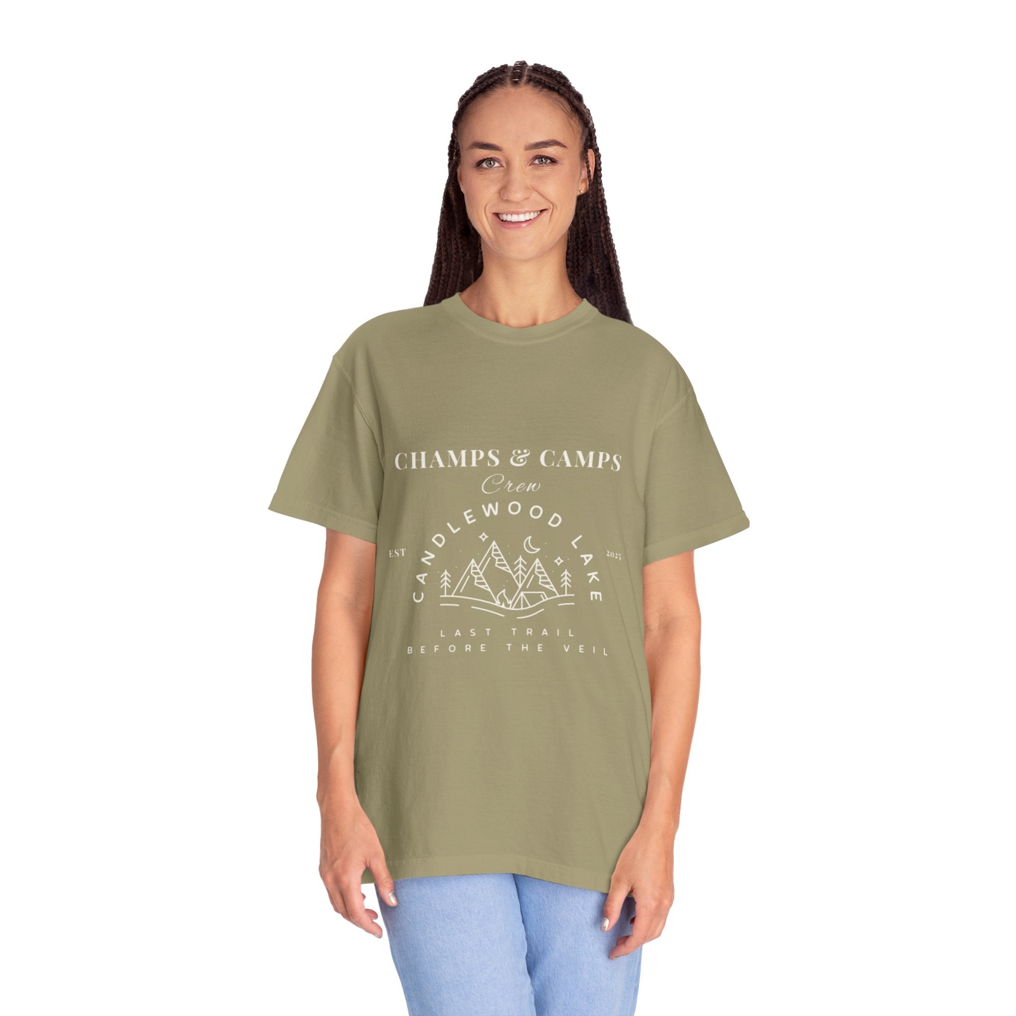 "Champs & Camps" -Camp Themed Bachelorette or Wedding Tee,  Bride Shirt, Last Trail Before The Veil, Bachelorette Party Gift, Summer Vacation Wear, [...]