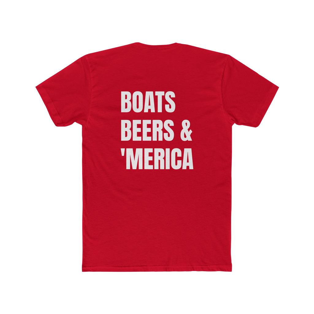 "Boats, Beers & 'Merica"-In White Writing- Patriotic Unisex Cotton Crew Tee - Perfect for BBQs, Fourth of July-Independence Day, Gifts, Boating, Casual Wear