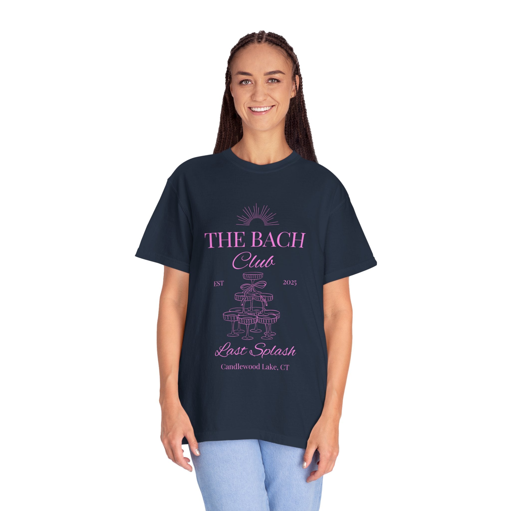 Matching "The Bach Club -Last Splash- Candlewood Lake" -T-Shirt in Pink Writing- Choose a Color- Perfect for Bachelorette and Wedding Parties- Unisex Vacation Top, Sailor Humor Apparel