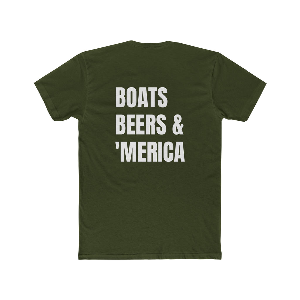 "Boats, Beers & 'Merica"-In White Writing- Patriotic Unisex Cotton Crew Tee - Perfect for BBQs, Fourth of July-Independence Day, Gifts, Boating, Casual Wear