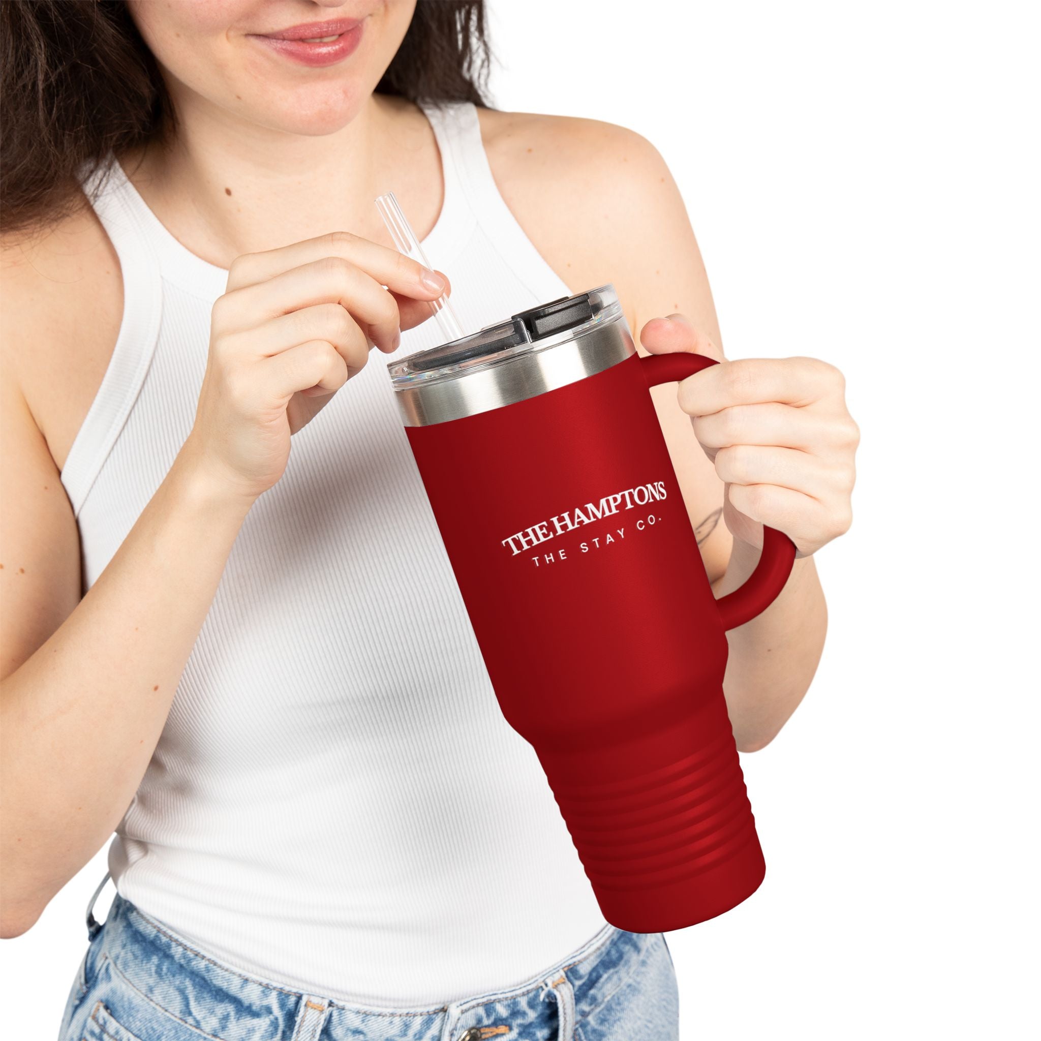 Travel Mug -40oz - "The Hamptons" In White Writing