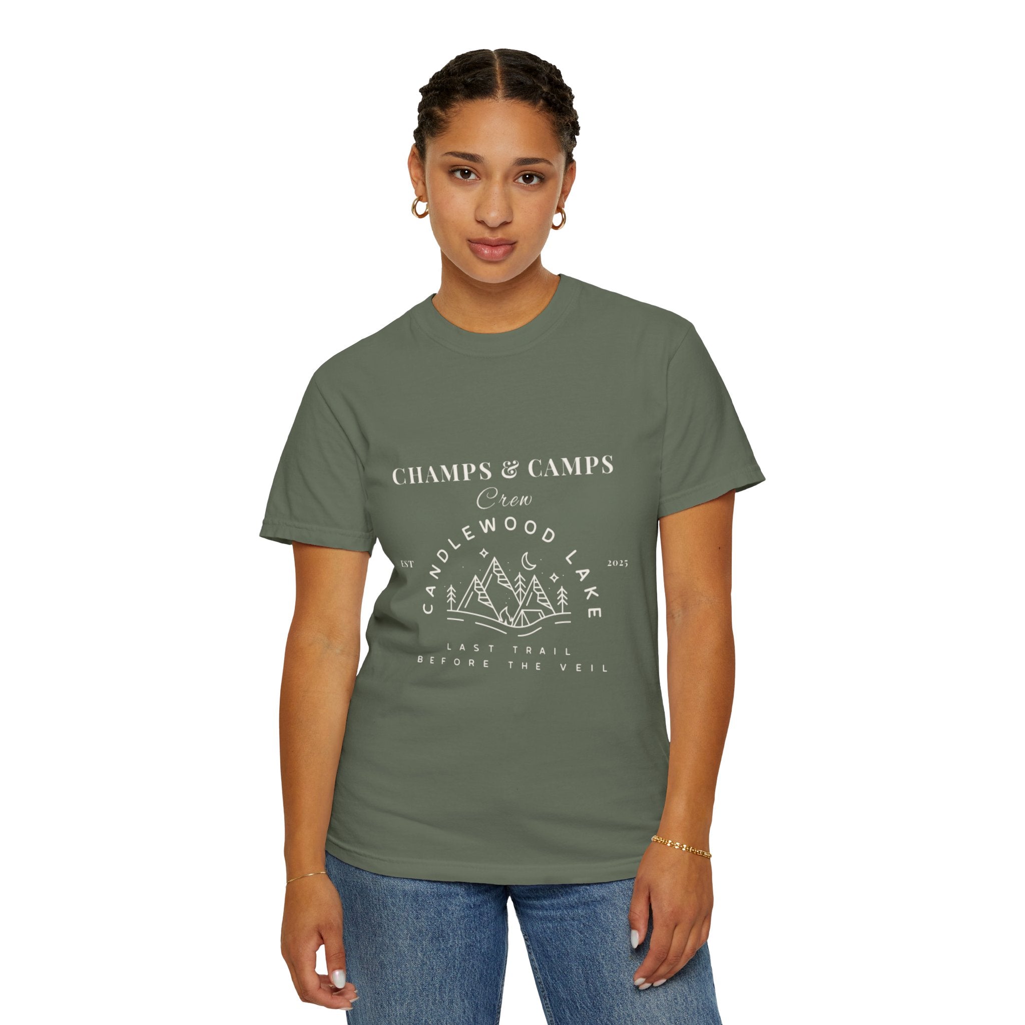 "Champs & Camps" -Camp Themed Bachelorette or Wedding Tee,  Bride Shirt, Last Trail Before The Veil, Bachelorette Party Gift, Summer Vacation Wear, [...]