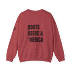 Adult- "'Merica" (Front) "Boats Beers & America" (Back)- Unisex Crewneck Sweatshirt, Fourth of July, Summer Boat Days