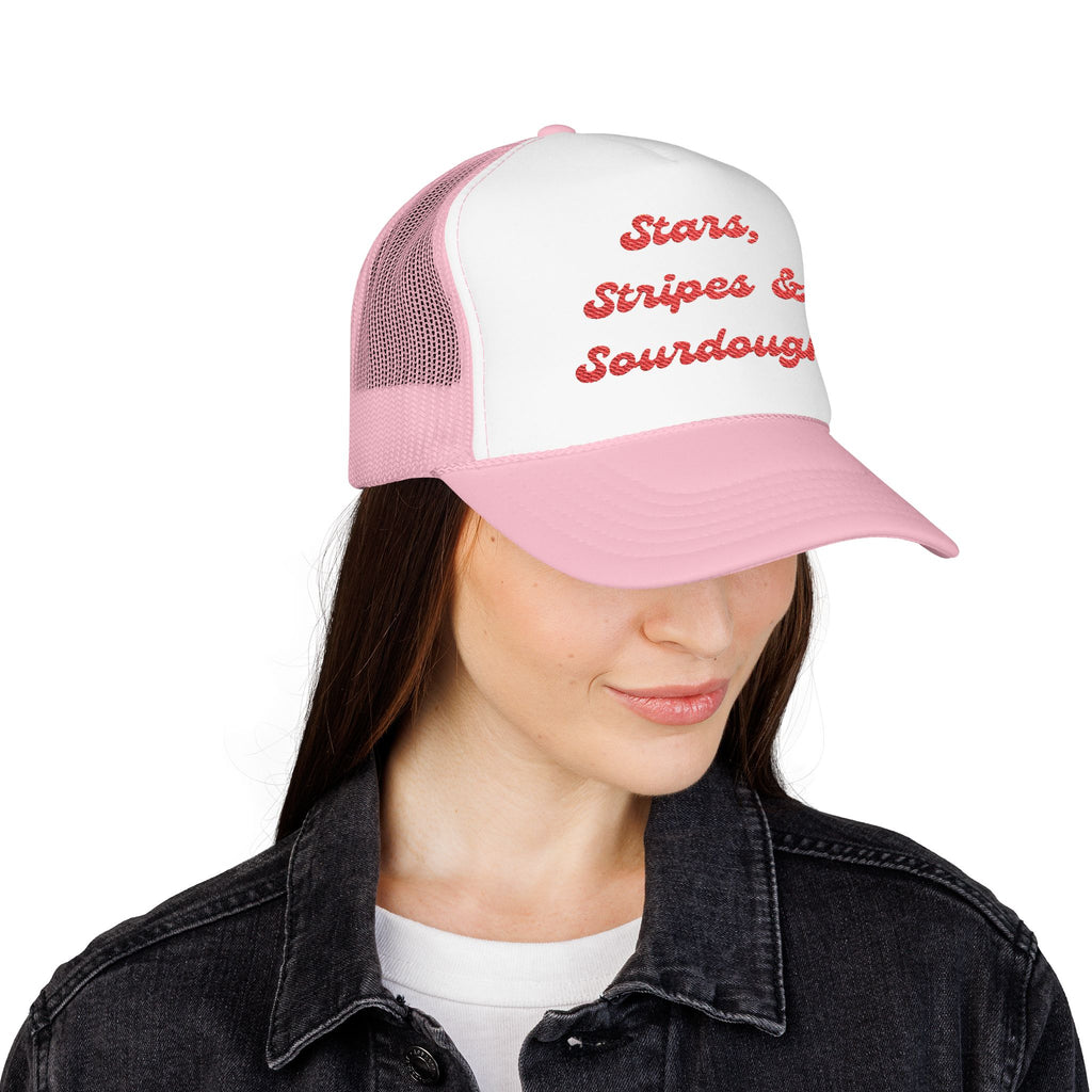 "Stars, Stripes & Sourdough"- Foam Trucker Hat, Embroidered Cap, BBQ Hat, Perfect Gift for Grilling Enthusiasts, Summer BBQ Accessory, Fun Party Hat