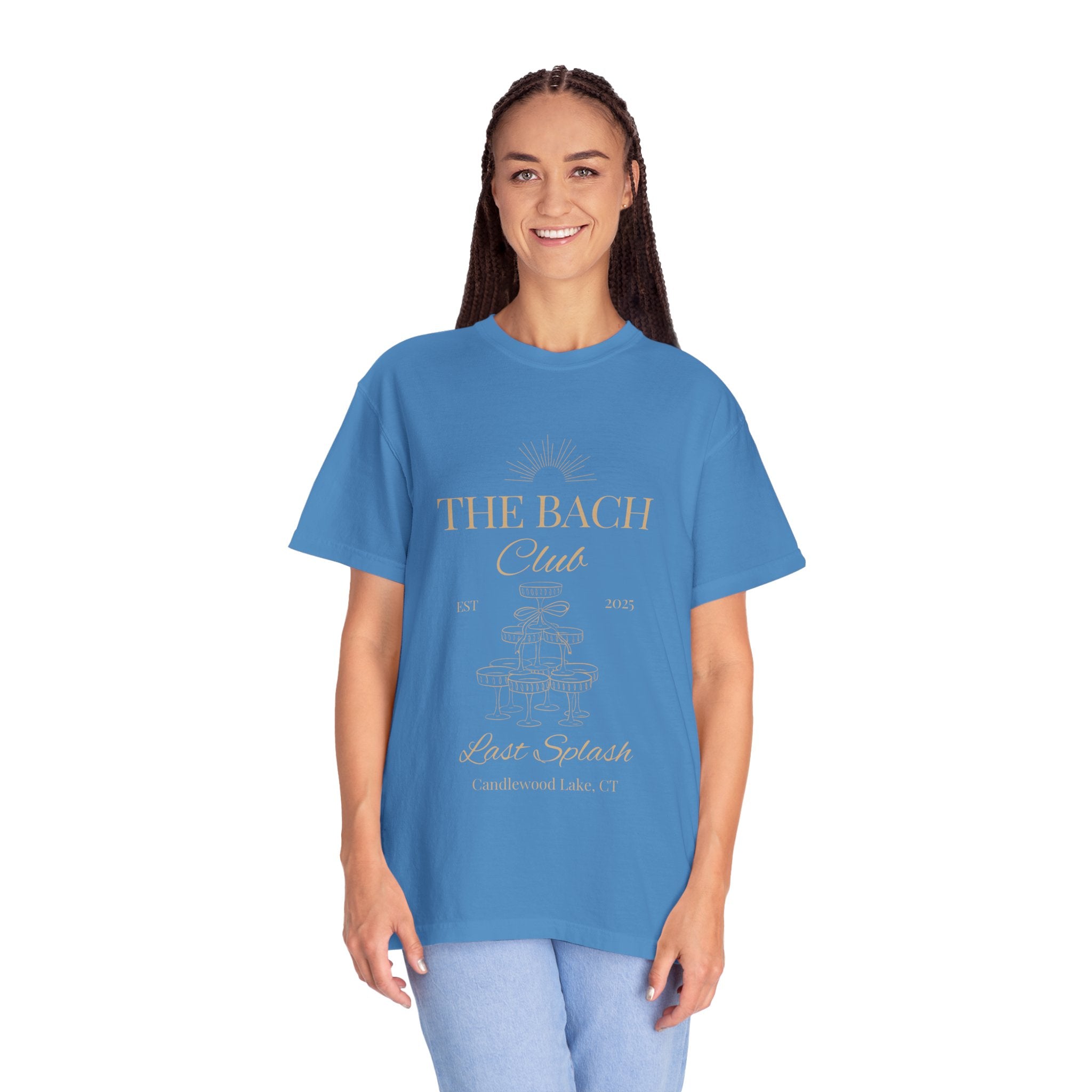 Matching "The Bach Club-Last Splash- Candlewood Lake" -In Beige Writing- Choose a Color Shirt- Perfect for Bachelorette and Wedding Parties- Unisex Vacation Top, Sailor Humor Apparel