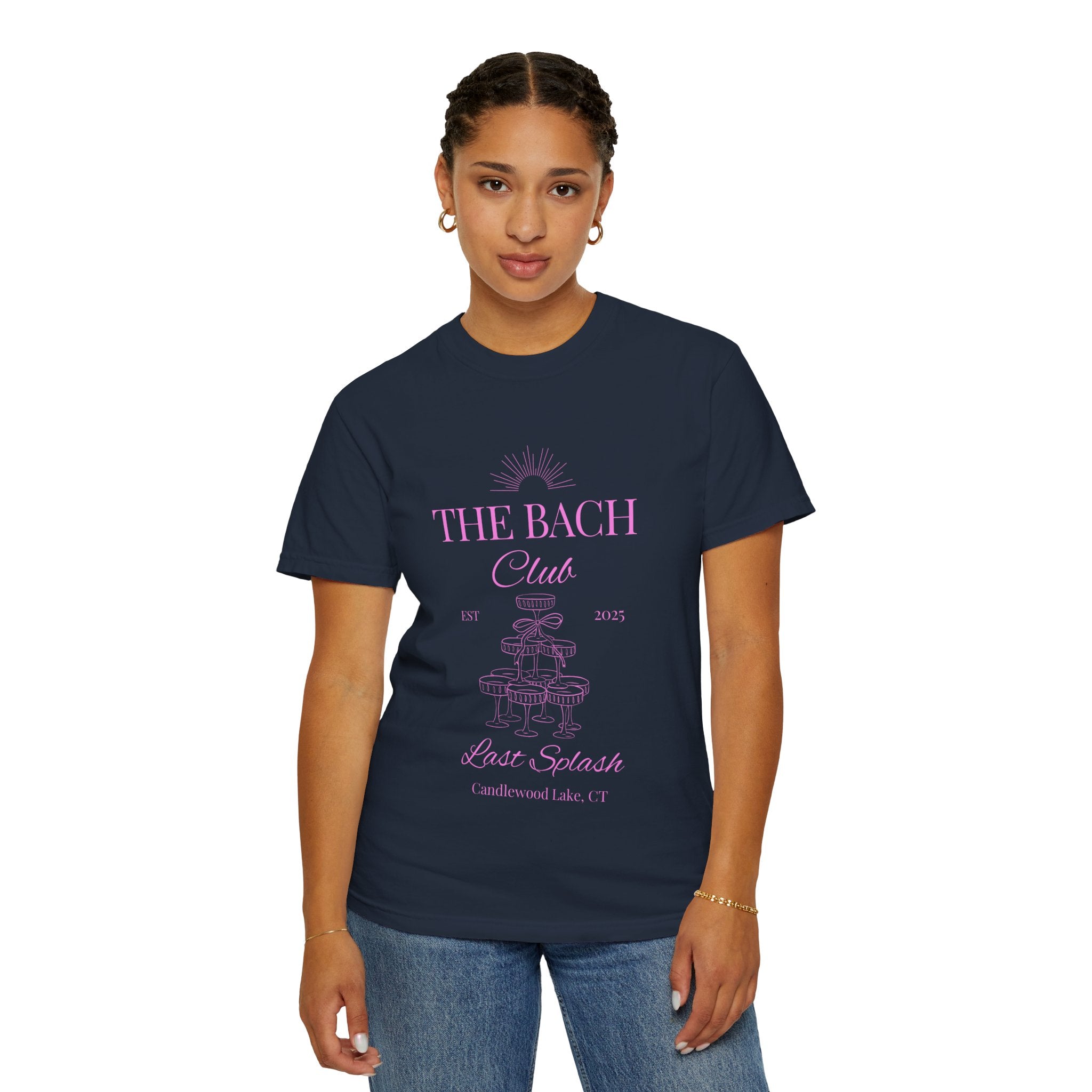 Matching "The Bach Club -Last Splash- Candlewood Lake" -T-Shirt in Pink Writing- Choose a Color- Perfect for Bachelorette and Wedding Parties- Unisex Vacation Top, Sailor Humor Apparel