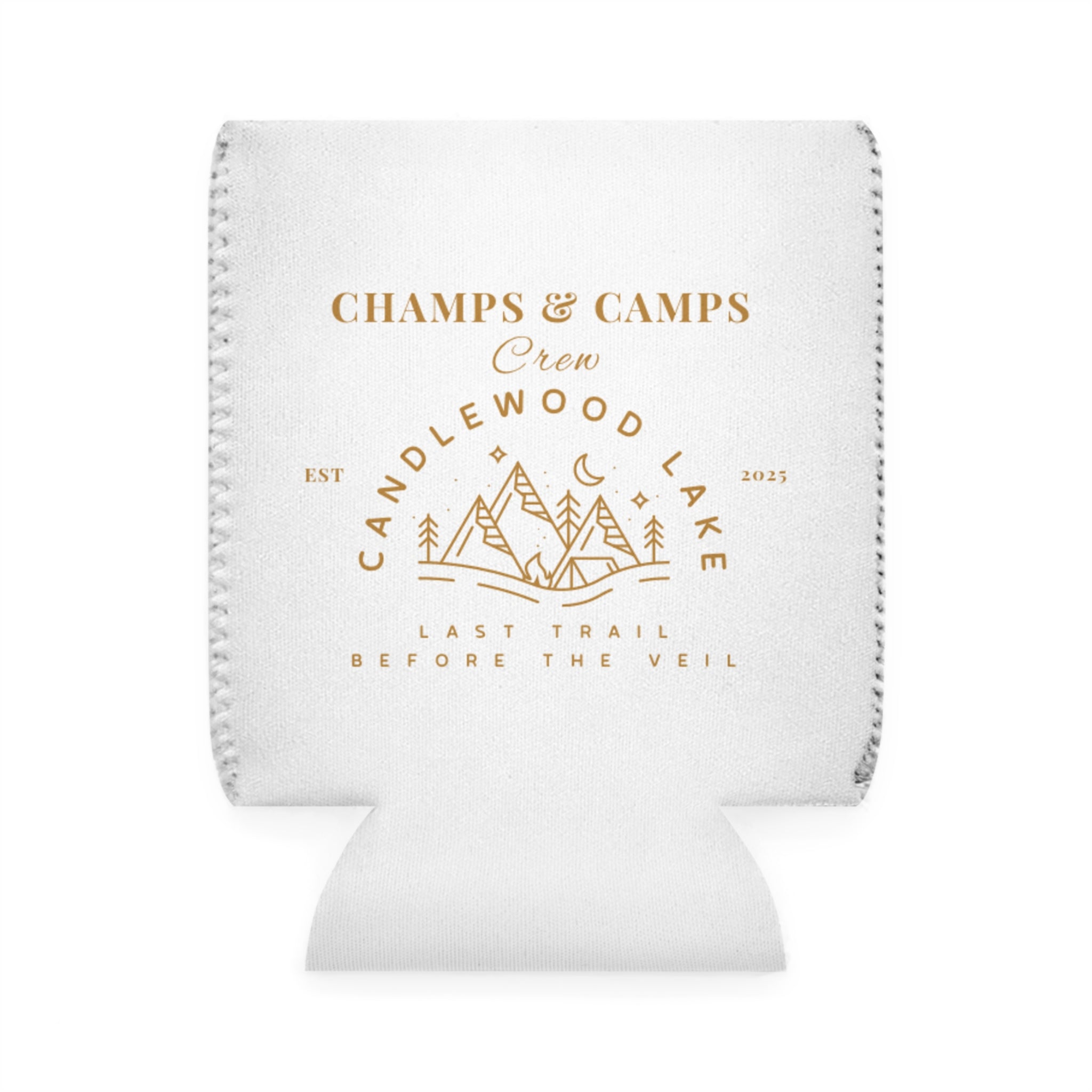 Champs & Camps-Candlewood Lake - Last Trail before the Veil- Stylish Outdoor Can Cooler Sleeve, Perfect for Camping, Beach Days, Parties, Gifts for Outdoors Enthusiasts, Wedding Favors