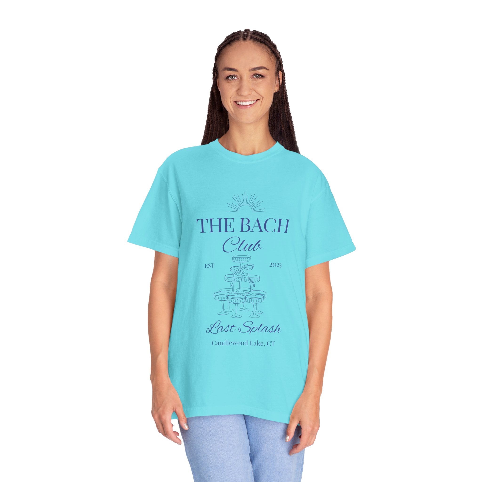 Matching "The Bach Club -Last Splash- Candlewood Lake" -T-Shirt in Blue Writing-Choose a Color-  Perfect for Bachelorette and Wedding Parties- Unisex Vacation Top, Sailor Humor Apparel