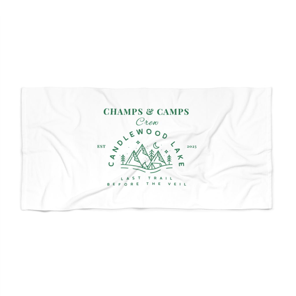 "Champs & Camps- Last Trail before the veil" Candlewood Lake Beach Towel, Bachelorettes, Outdoor Essentials, Summer Vibes, Perfect for Camping,  Unique Gift