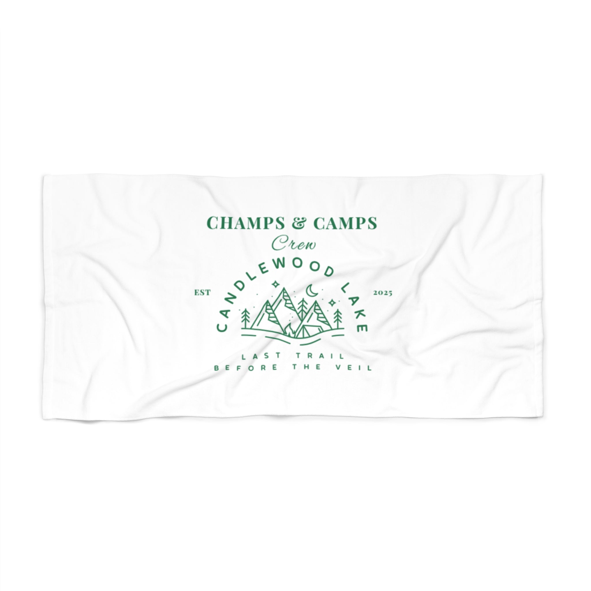 "Champs & Camps- Last Trail before the veil" Candlewood Lake Beach Towel, Bachelorettes, Outdoor Essentials, Summer Vibes, Perfect for Camping,  Unique Gift