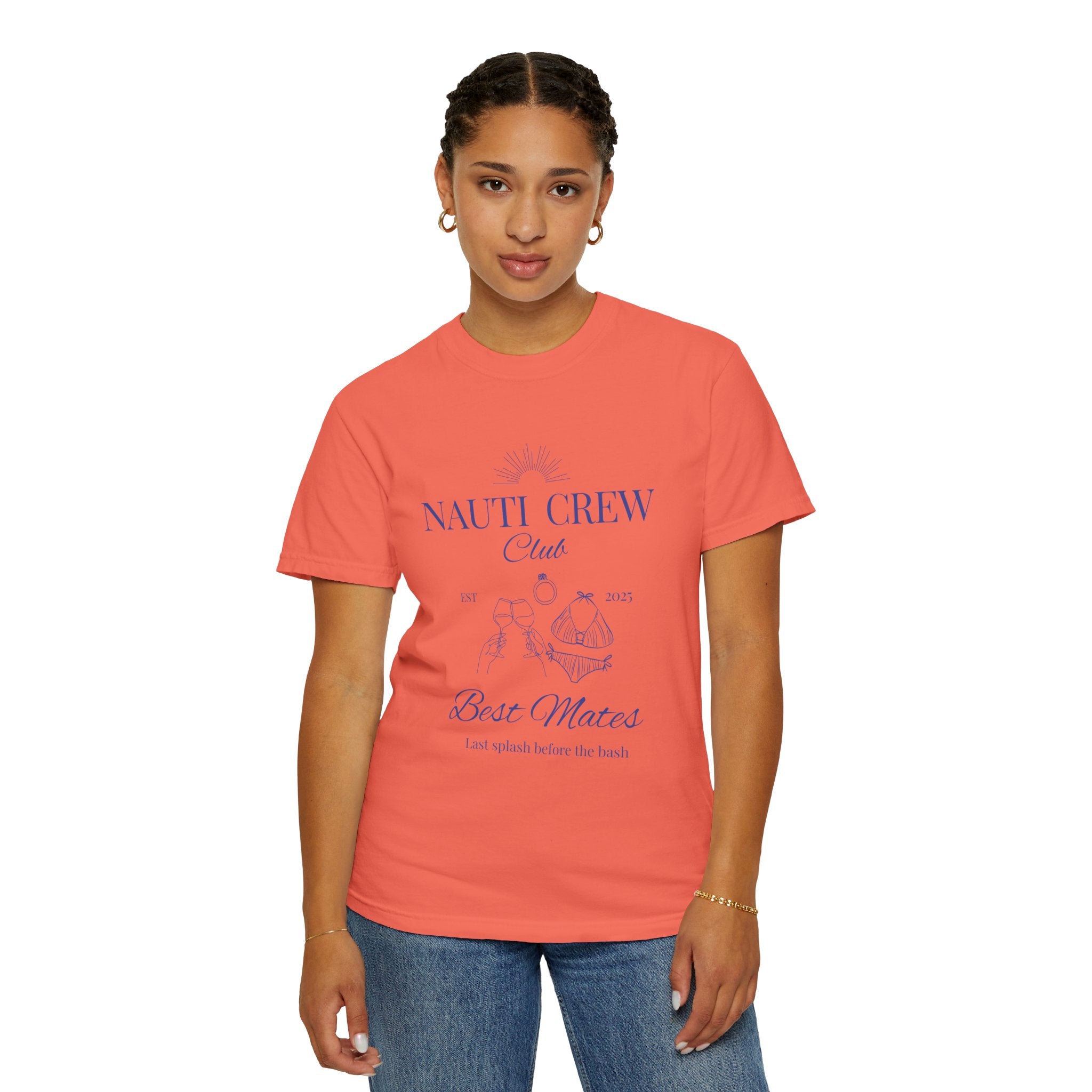 Matching shirt- "Nauti Crew-Best Mates" T-shirt, Unisex Garment-Dyed Tee for Bachelorette and Wedding Parties by the Lake-Perfect for Summer Vacations, Boating Trips, Family Gatherings