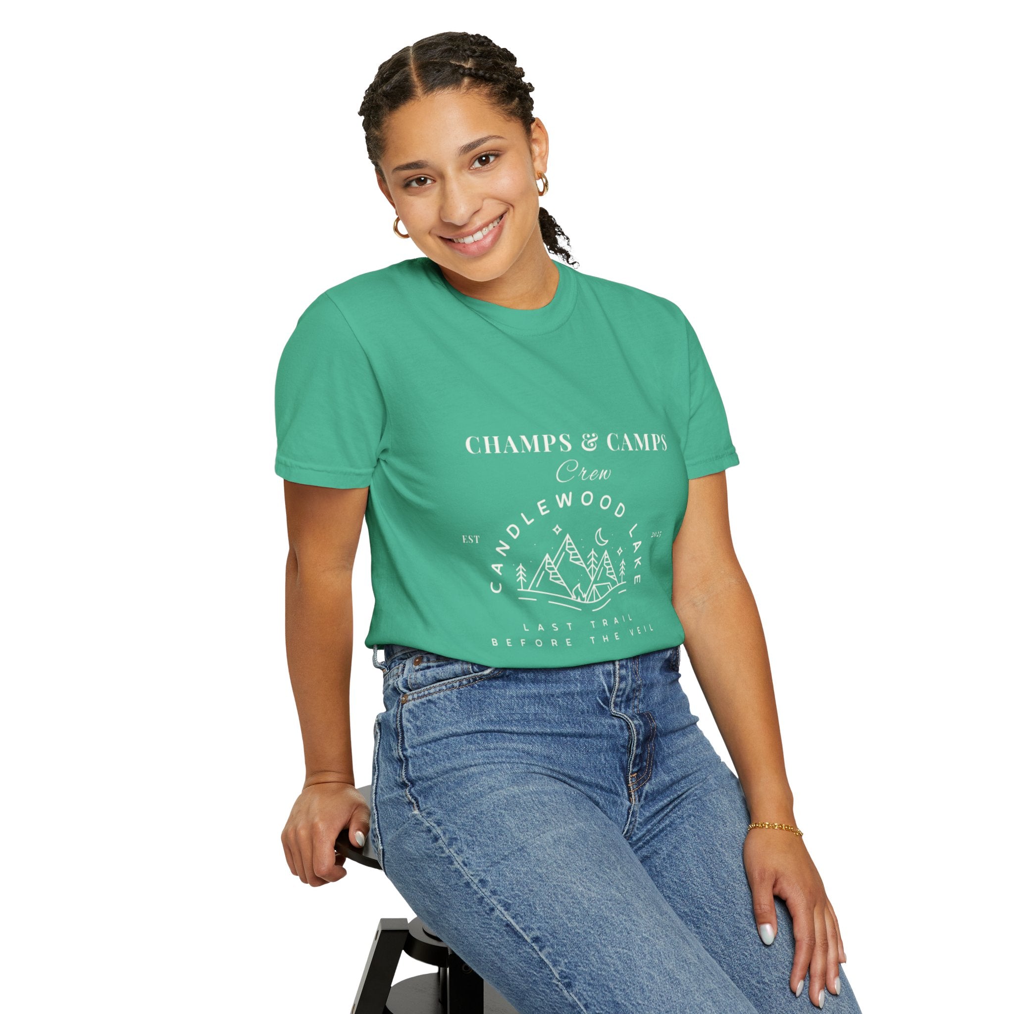 "Champs & Camps" -Camp Themed Bachelorette or Wedding Tee,  Bride Shirt, Last Trail Before The Veil, Bachelorette Party Gift, Summer Vacation Wear, [...]