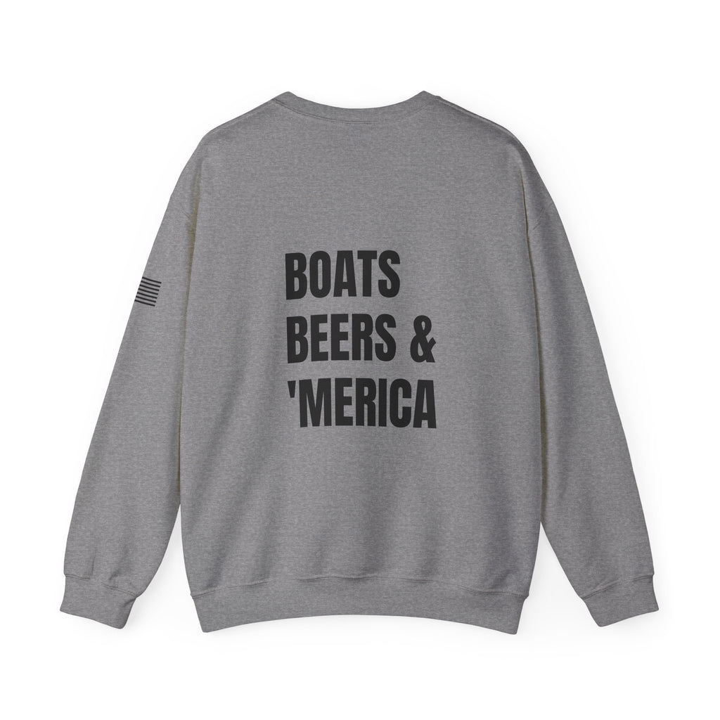 Adult- "'Merica" (Front) "Boats Beers & America" (Back)- Unisex Crewneck Sweatshirt, Fourth of July, Summer Boat Days