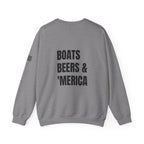 Adult- "'Merica" (Front) "Boats Beers & America" (Back)- Unisex Crewneck Sweatshirt, Fourth of July, Summer Boat Days