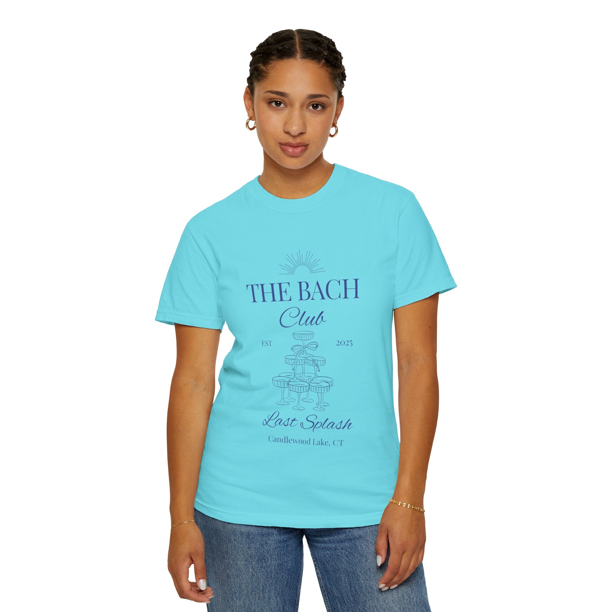 Matching "The Bach Club -Last Splash- Candlewood Lake" -T-Shirt in Blue Writing-Choose a Color-  Perfect for Bachelorette and Wedding Parties- Unisex Vacation Top, Sailor Humor Apparel