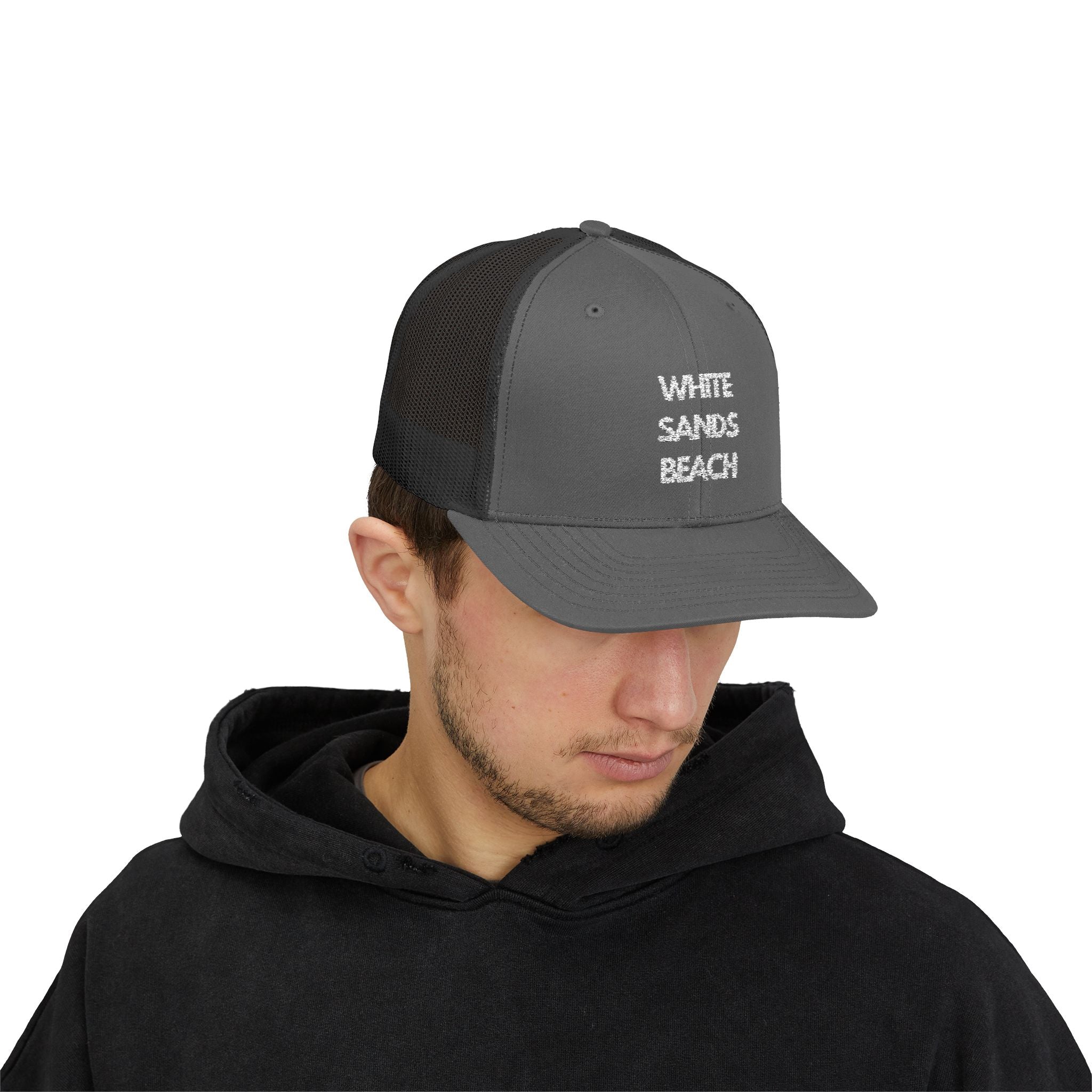 "White Sands Beach" - Snapback Trucker Cap - Perfect for Summer, Vacation, or Outdoor Events, Casual Style, Unisex Accessories, Gift Idea