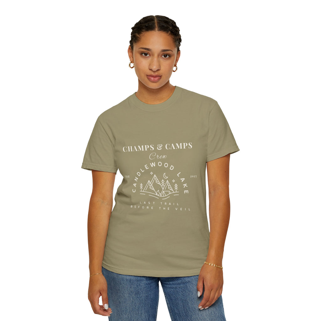 "Champs & Camps" -Camp Themed Bachelorette or Wedding Tee,  Bride Shirt, Last Trail Before The Veil, Bachelorette Party Gift, Summer Vacation Wear, [...]