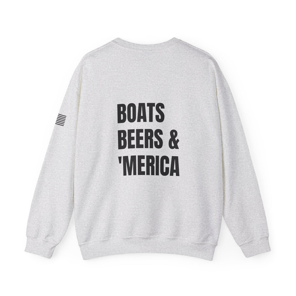 Adult- "'Merica" (Front) "Boats Beers & America" (Back)- Unisex Crewneck Sweatshirt, Fourth of July, Summer Boat Days