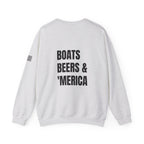 Adult- "'Merica" (Front) "Boats Beers & America" (Back)- Unisex Crewneck Sweatshirt, Fourth of July, Summer Boat Days