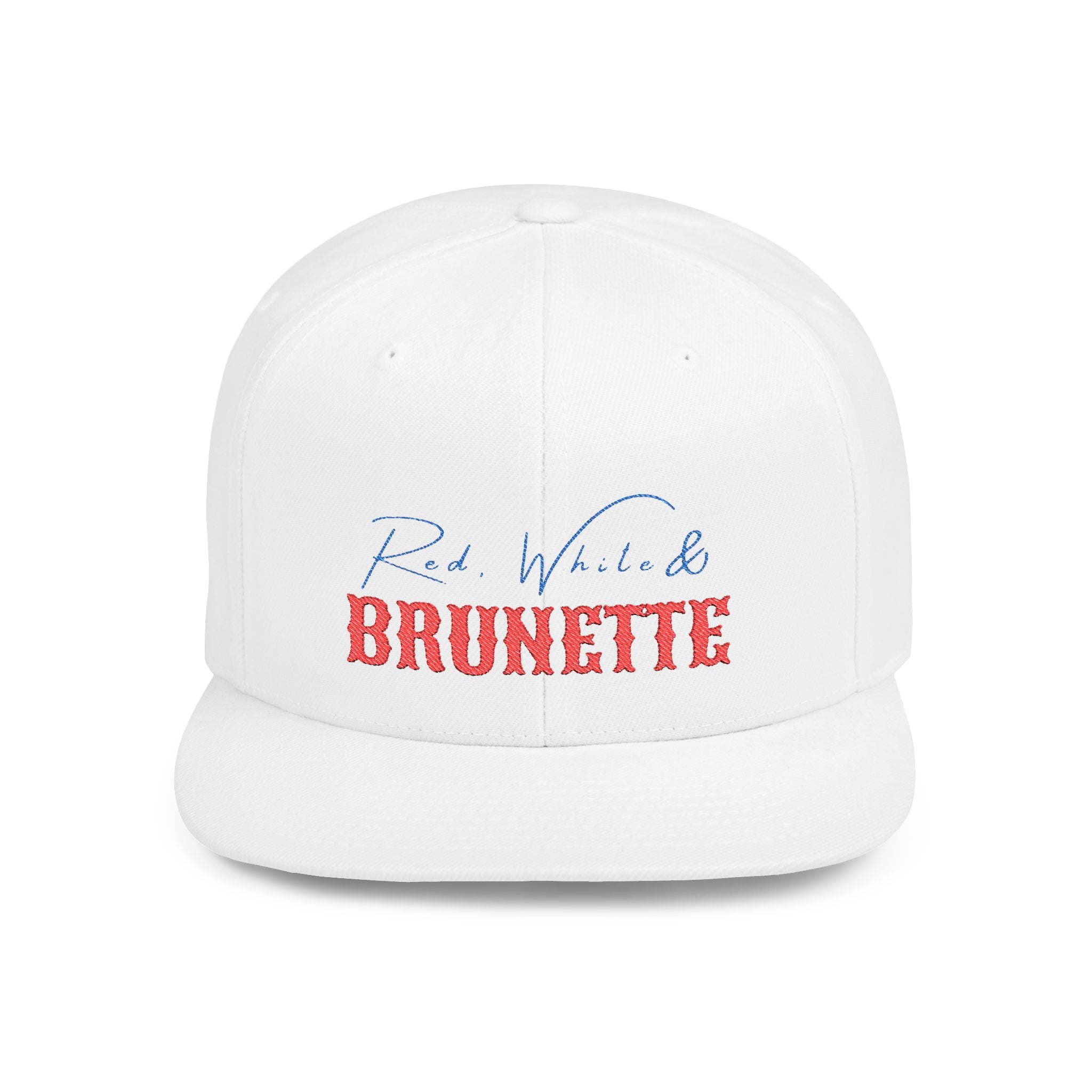 "Red, White & Brunette" Stylish Flat Bill Snapback Hat - Perfect Gift for Brunettes, Casual Outfits, Outdoor Events, Seasonal Fashion, Trendy Accessories