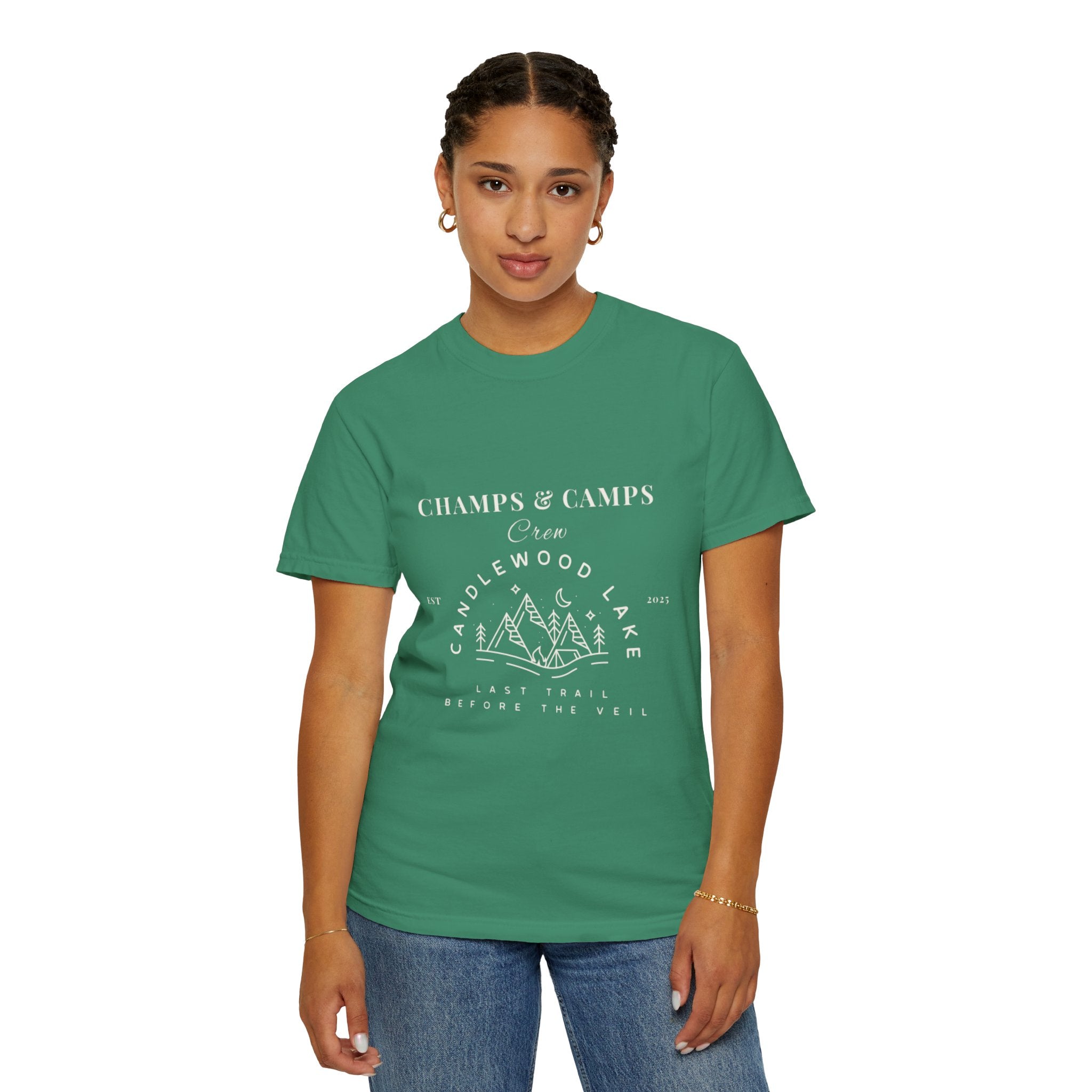 "Champs & Camps" -Camp Themed Bachelorette or Wedding Tee,  Bride Shirt, Last Trail Before The Veil, Bachelorette Party Gift, Summer Vacation Wear, [...]