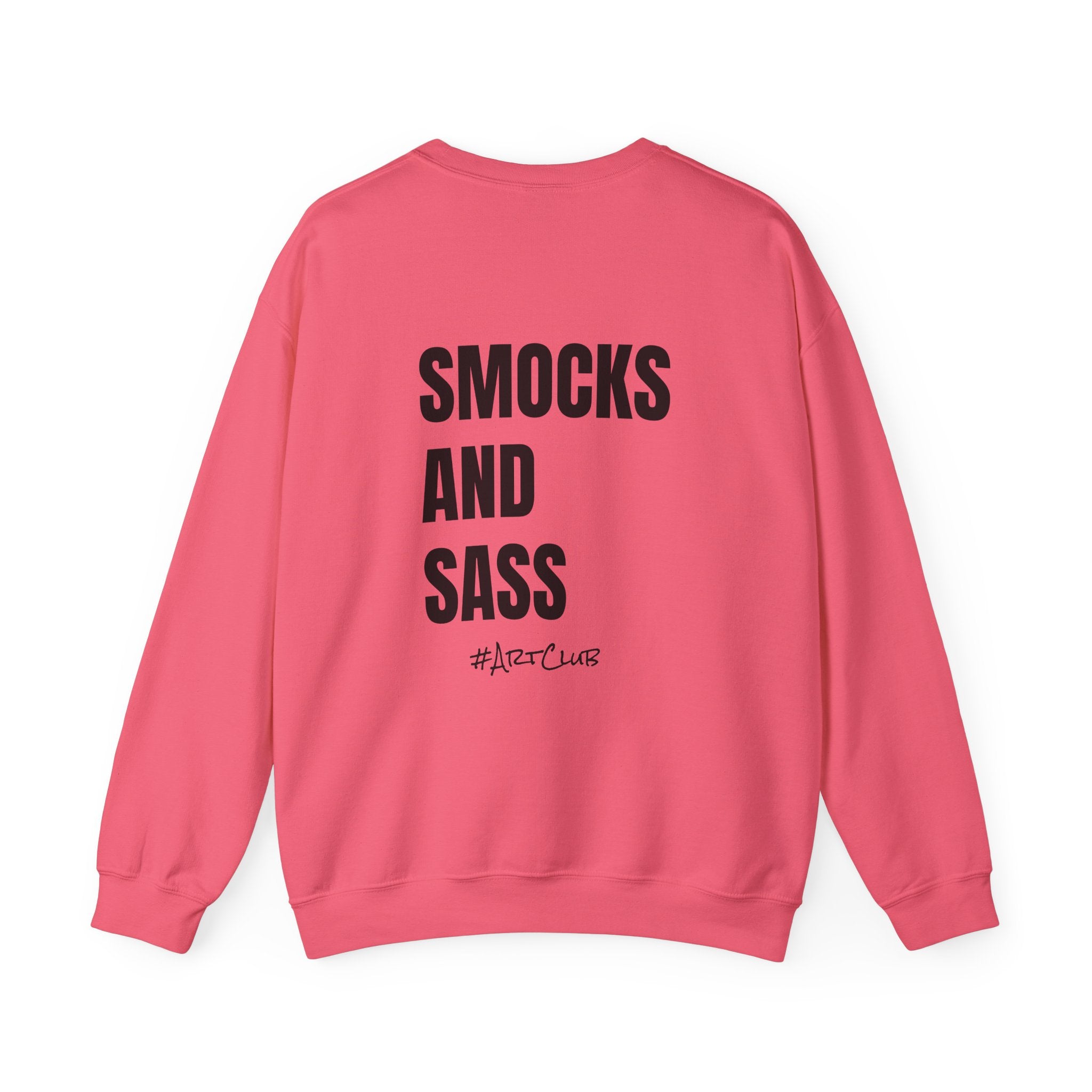 Adult- Art Teacher Crew Neck "Creativity Is Contagious" (Front)- "Smocks And Sass #ArtClub" (Back) -Crewneck Sweatshirt, Cozy Fall Apparel, Unisex Gift, Casual Style, September Vibes, Seasonal Fashion