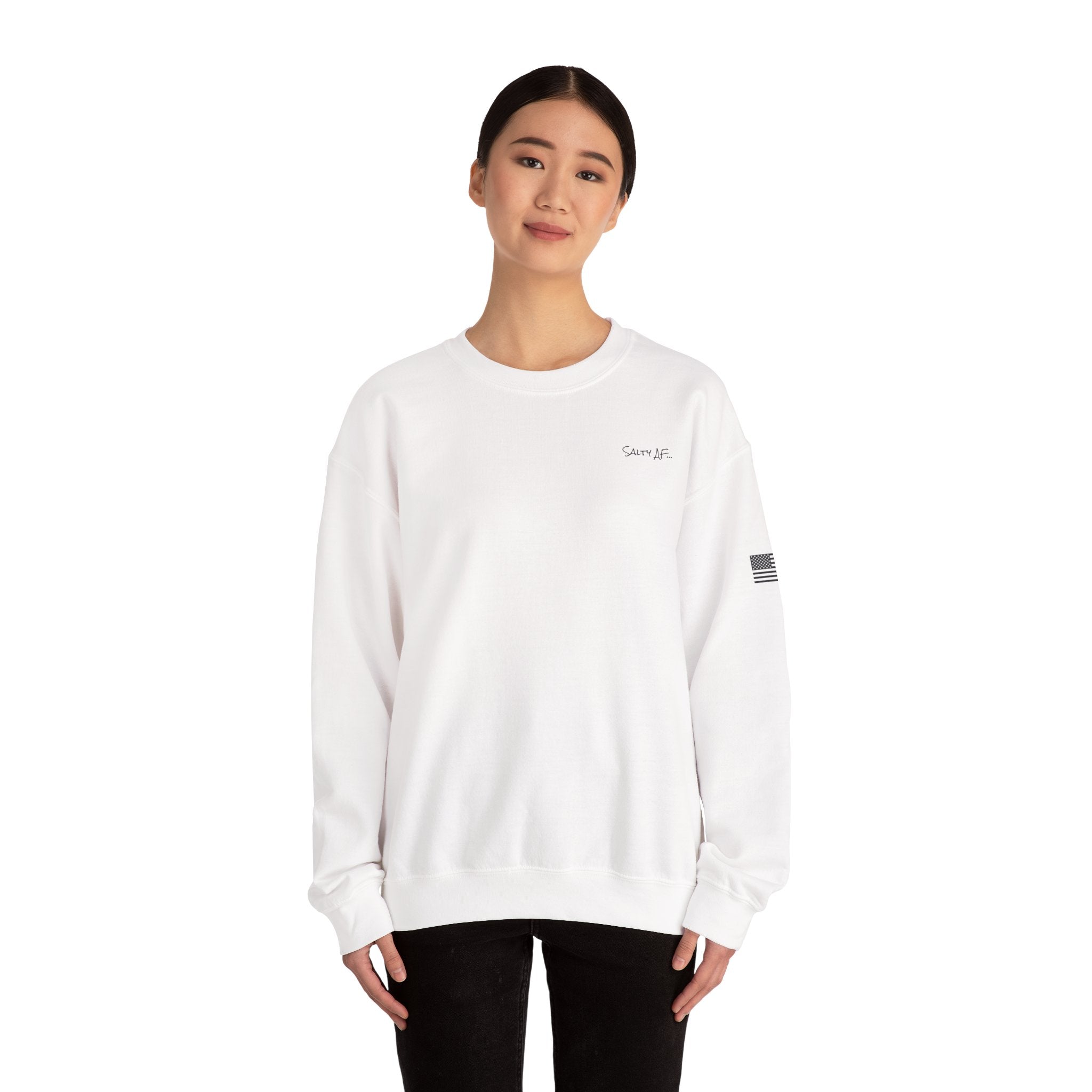 Adult- "Salty AF" (Front) "Old Lyme New Tan" (Back)- with Flag -Unisex Crewneck