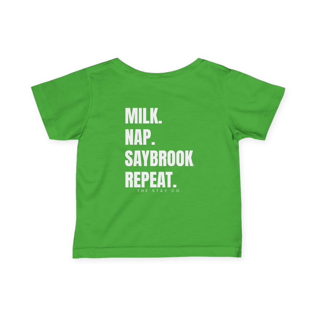 Infant (6M-24M)- Saybrook Manor Association Logo On Front  "MILK. NAP. SAYBROOK. REPEAT." (Back) in White Writing