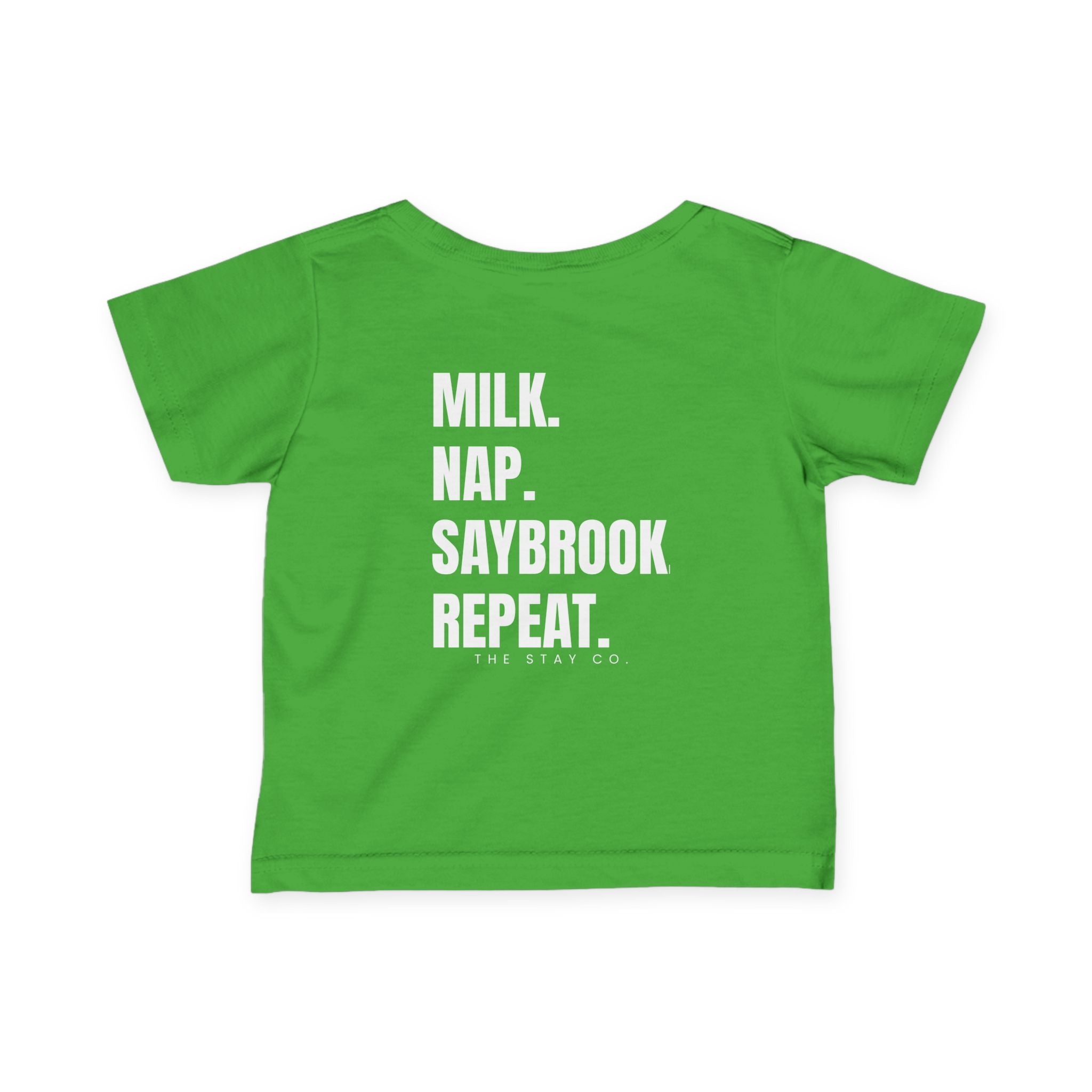 Infant (6M-24M)- Saybrook Manor Association Logo On Front  "MILK. NAP. SAYBROOK. REPEAT." (Back) in White Writing