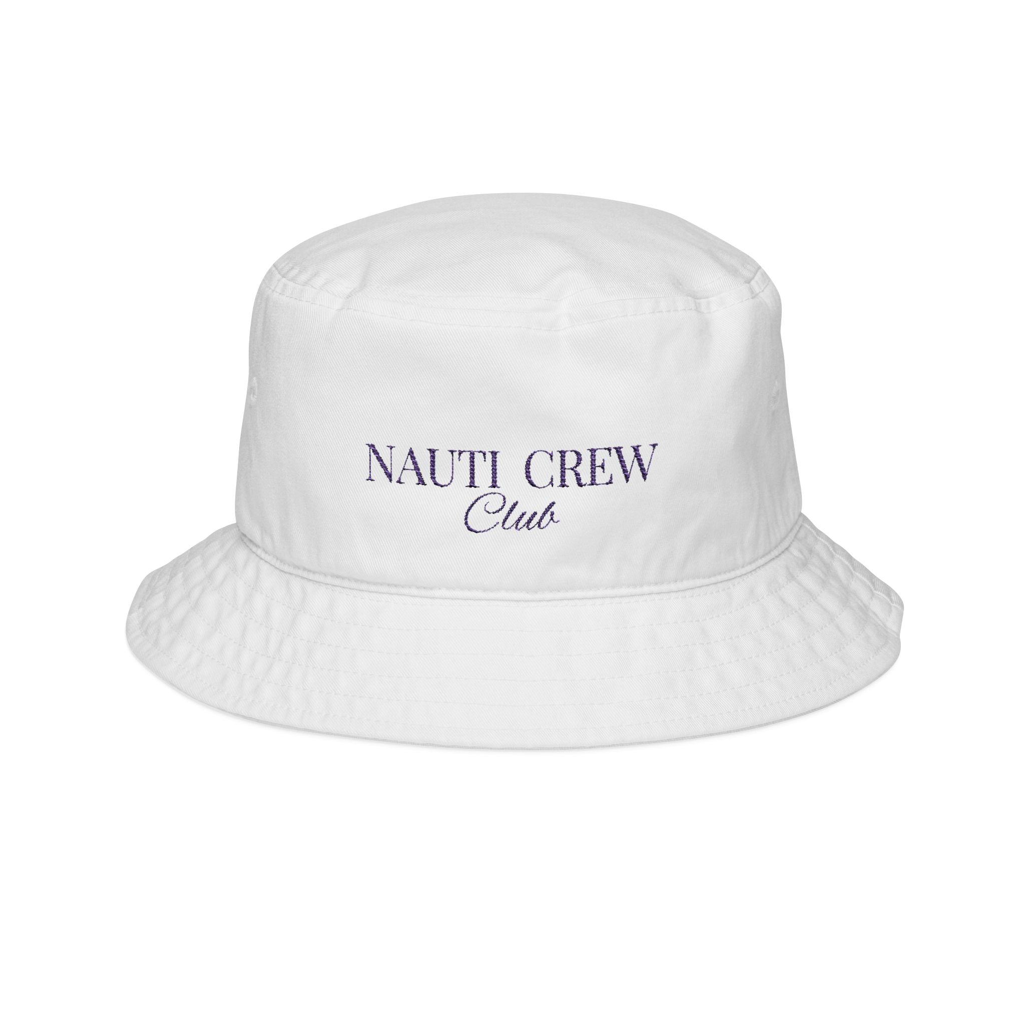 Bucket Hat "Nauti Crew Club" -In Blue Writing-Embroidered Summer Hat, Bridal Party Accessories, Beachwear, Gift for Bridesmaids, Lake Vacation Gear