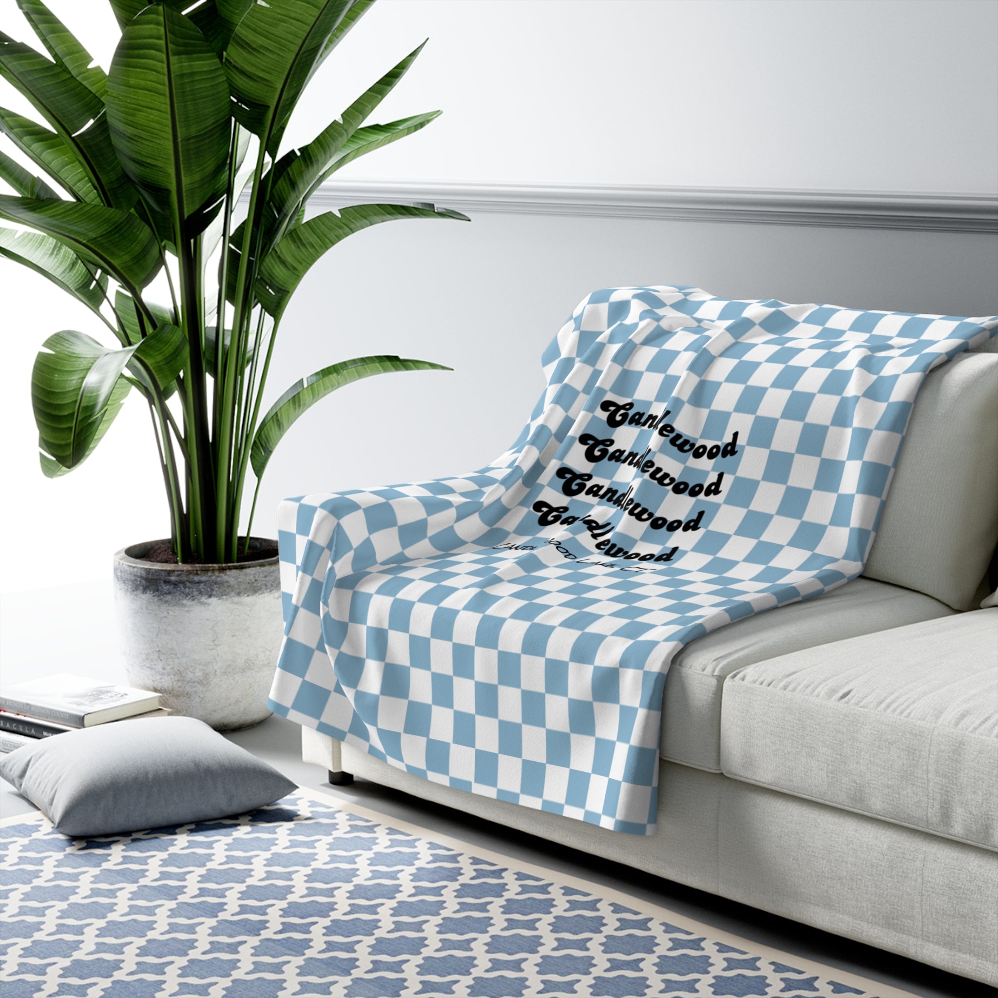 Cozy Lake House Sherpa Fleece Blanket- "Candlewood Lake, CT"-Blue Checkered- Soft Throw for Home, Perfect for Gift, Ocean Decor, Summer Vibes, Checkered Design