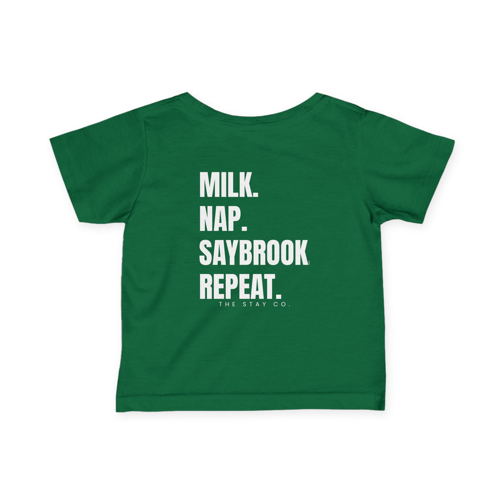 Infant (6M-24M)- Saybrook Manor Association Logo On Front  "MILK. NAP. SAYBROOK. REPEAT." (Back) in White Writing